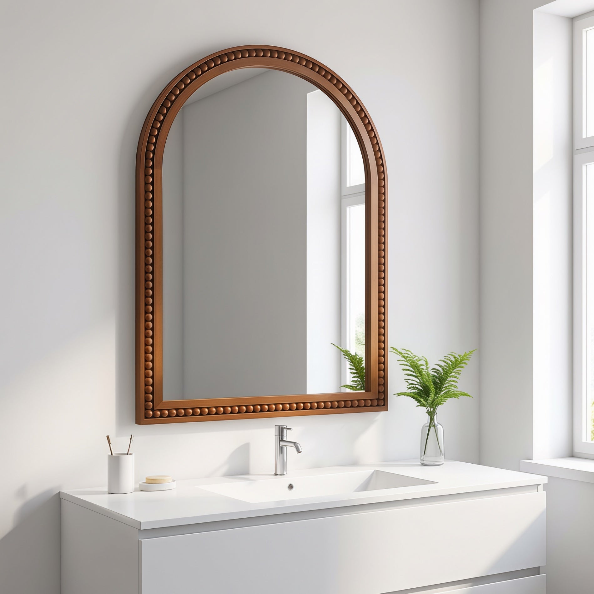 20×30 Inch Arch Wall Mirror With Beaded Solid Wood Frame, Rustic Farmhouse Decor Mirror for Entryway, Bathroom & Living Room