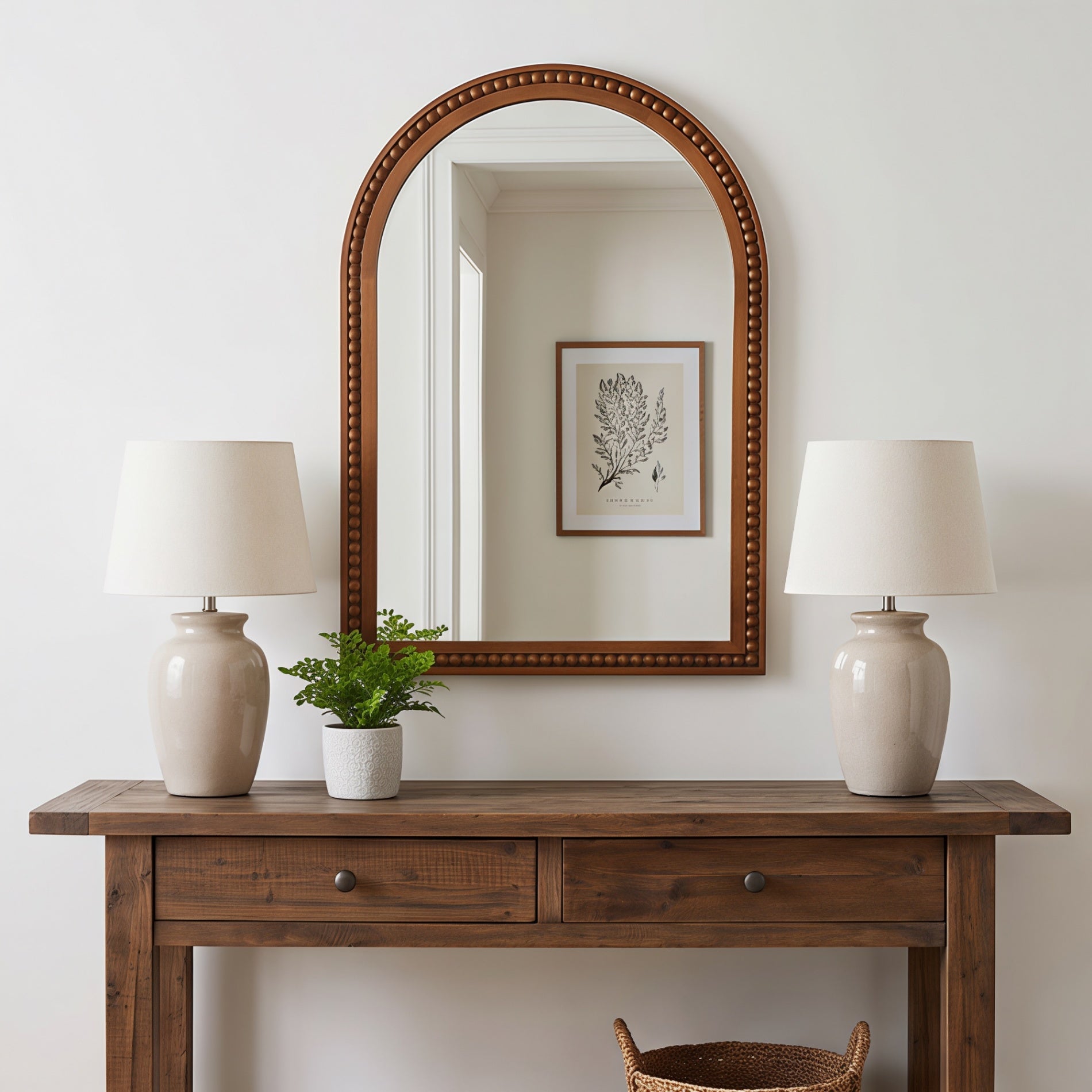 20×30 Inch Arch Wall Mirror With Beaded Solid Wood Frame, Rustic Farmhouse Decor Mirror for Entryway, Bathroom & Living Room
