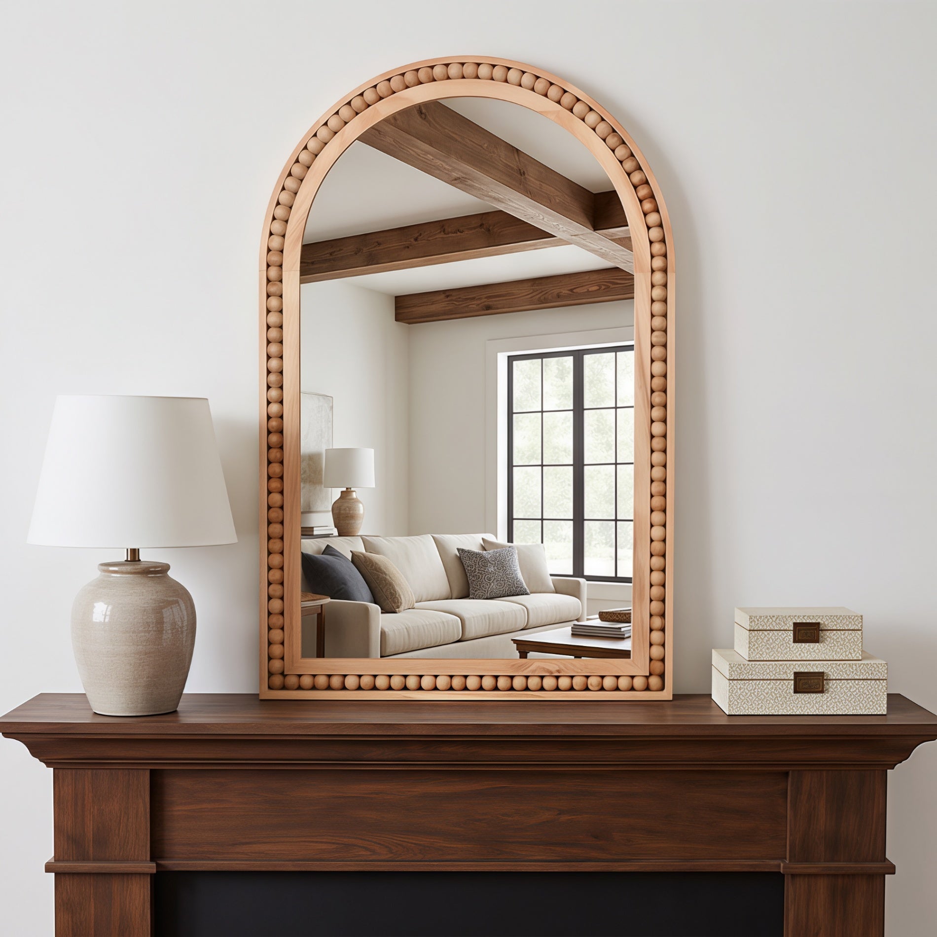 20×30 Inch Arch Wall Mirror With Beaded Solid Wood Frame, Rustic Farmhouse Decor Mirror for Entryway, Bathroom & Living Room