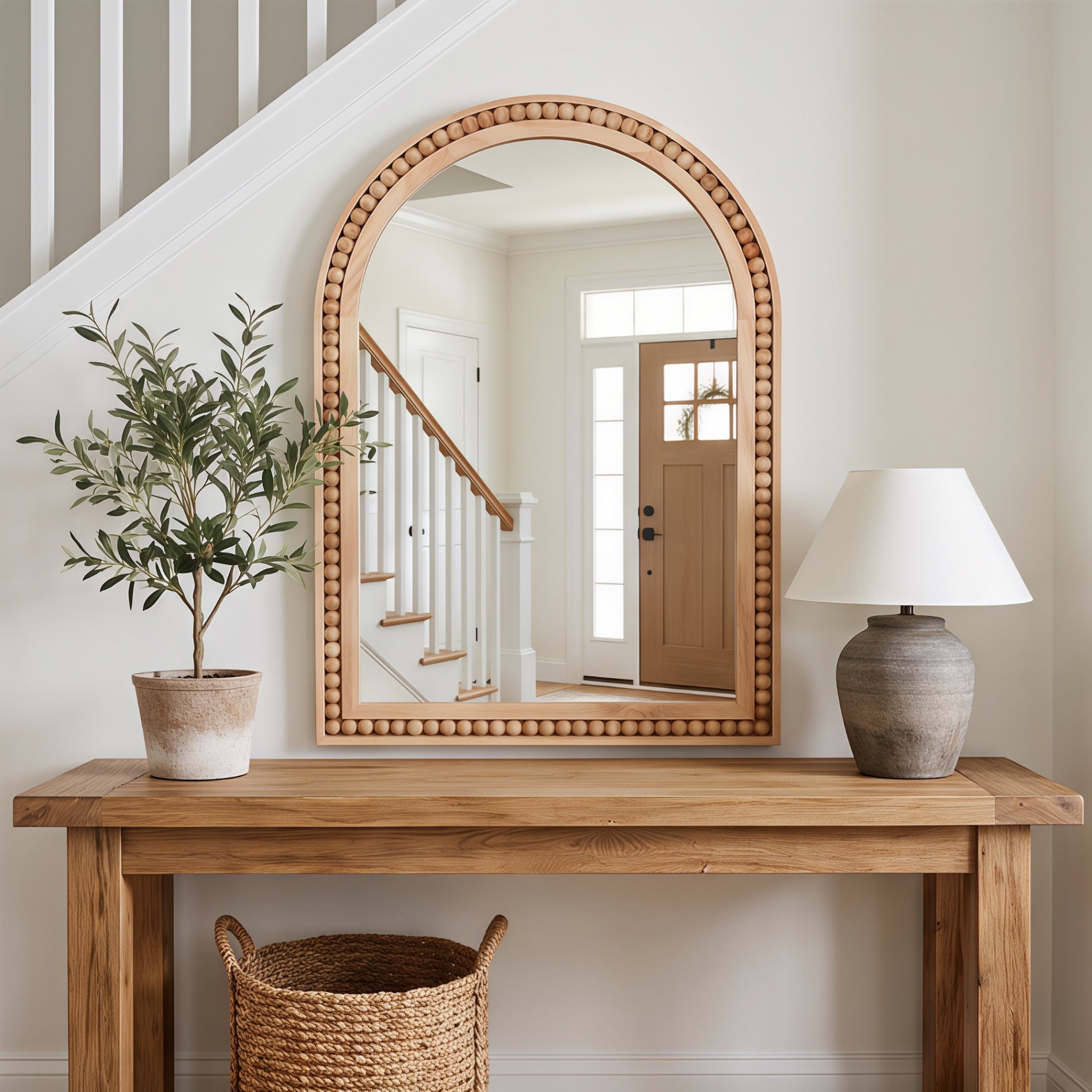 20×30 Inch Arch Wall Mirror With Beaded Solid Wood Frame, Rustic Farmhouse Decor Mirror for Entryway, Bathroom & Living Room