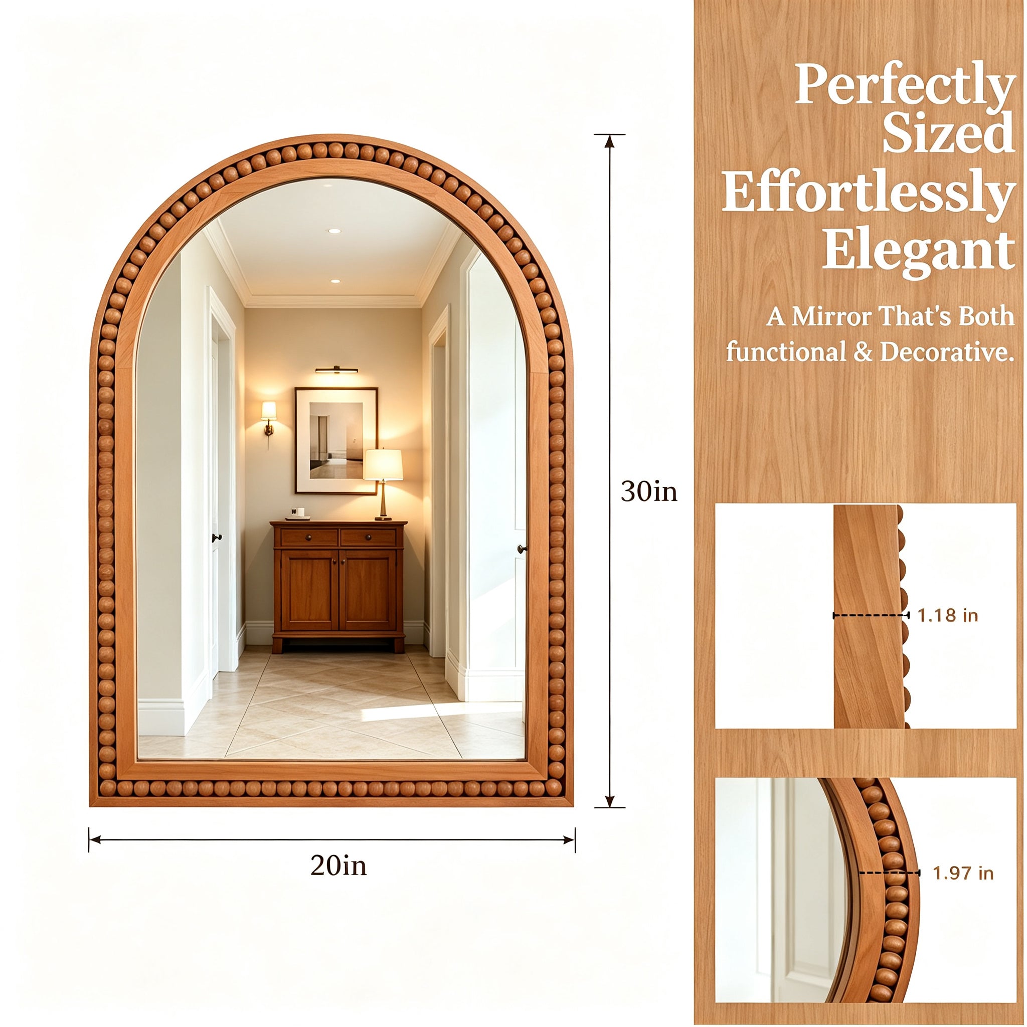 20×30 Inch Arch Wall Mirror With Beaded Solid Wood Frame, Rustic Farmhouse Decor Mirror for Entryway, Bathroom & Living Room