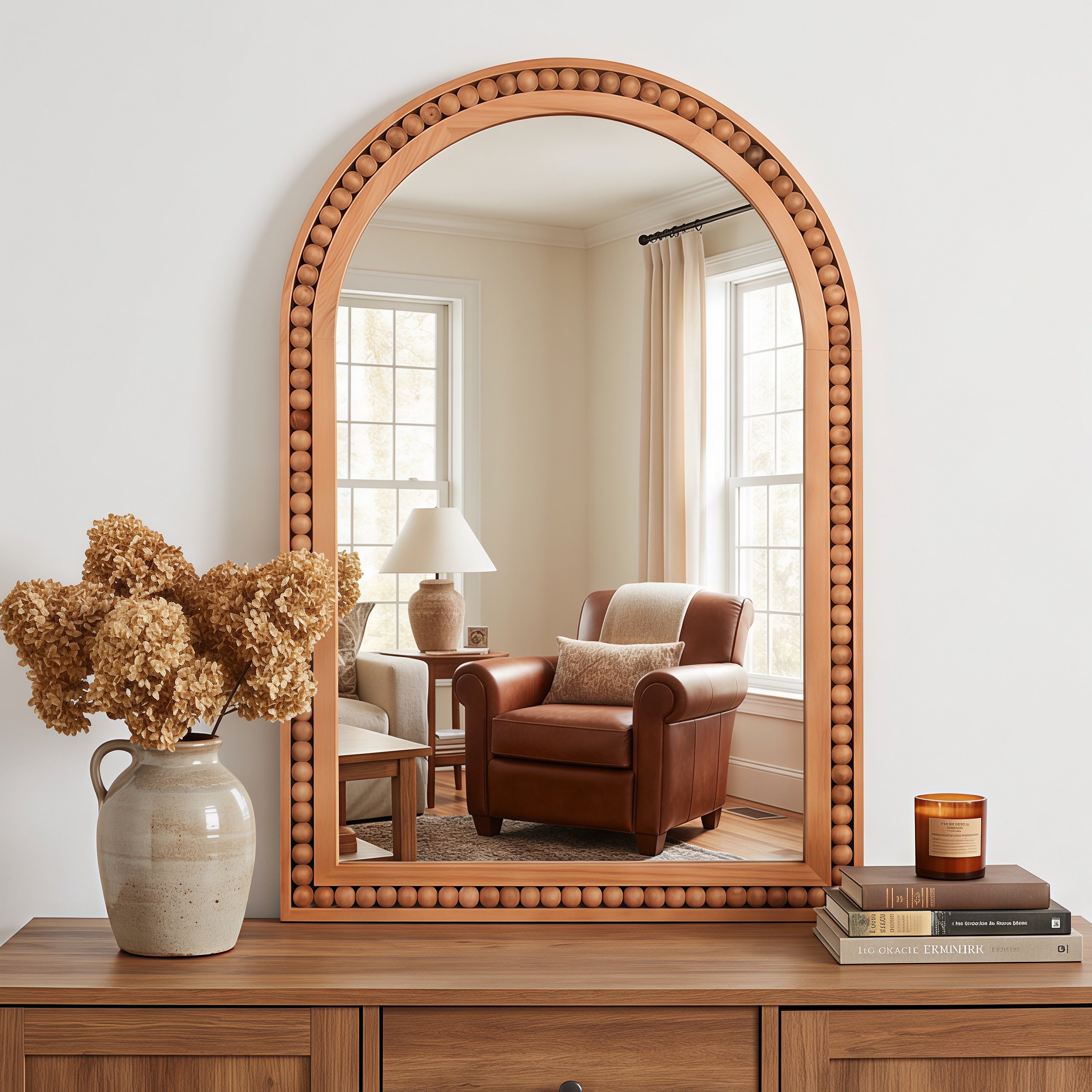 20×30 Inch Arch Wall Mirror With Beaded Solid Wood Frame, Rustic Farmhouse Decor Mirror for Entryway, Bathroom & Living Room