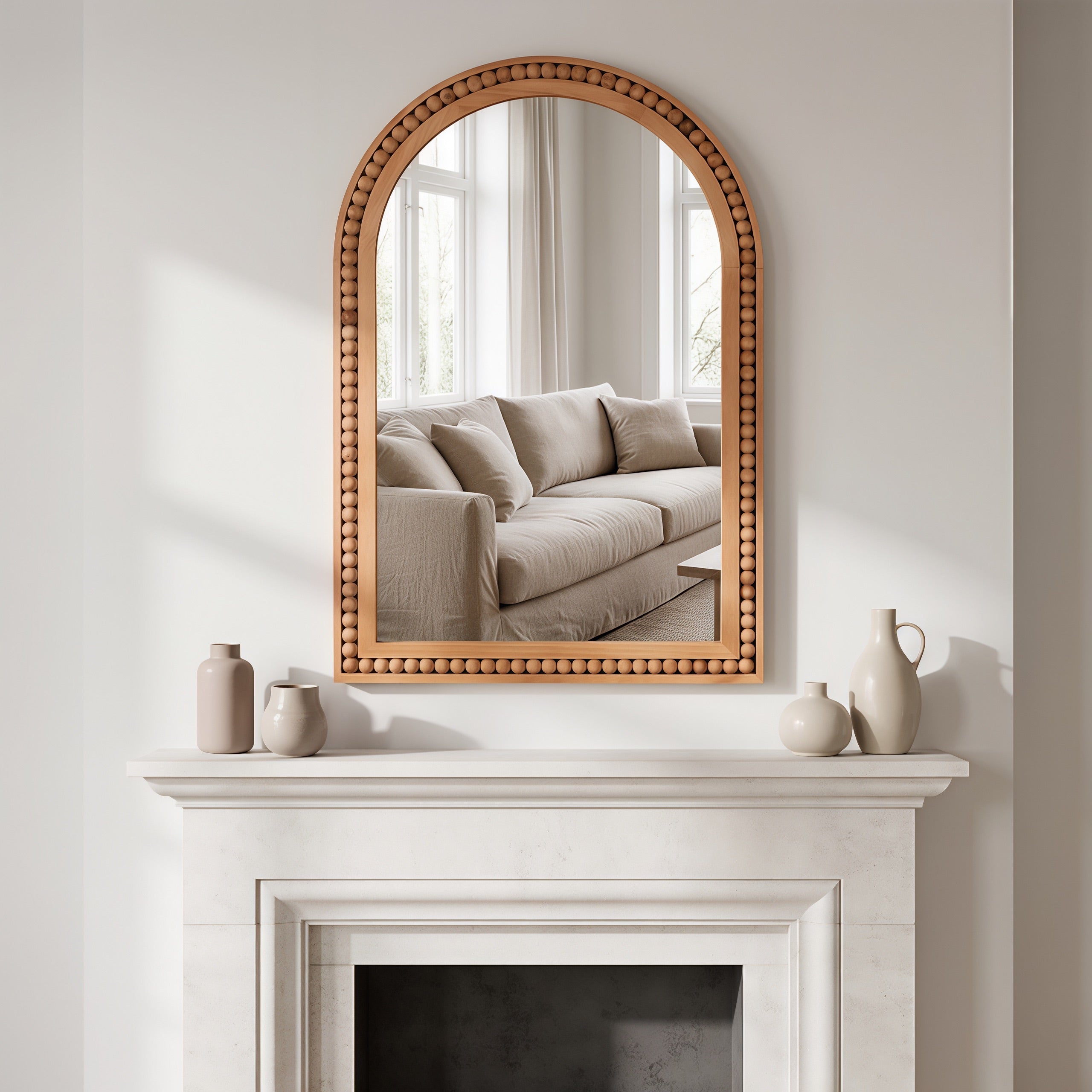 20×30 Inch Arch Wall Mirror With Beaded Solid Wood Frame, Rustic Farmhouse Decor Mirror for Entryway, Bathroom & Living Room