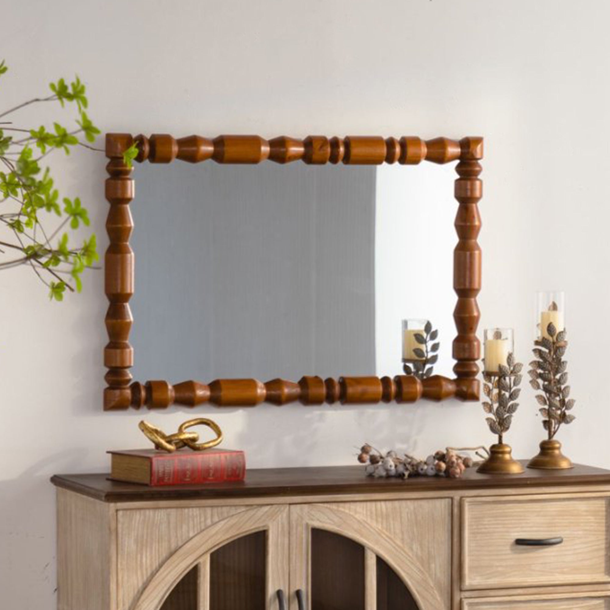 35.43 in. x 23.62 in. Vintage Solid Wood Wall Mirror, Ornate Carved Column Frame Decorative Mirror for Living Room, Bedroom & Entryway