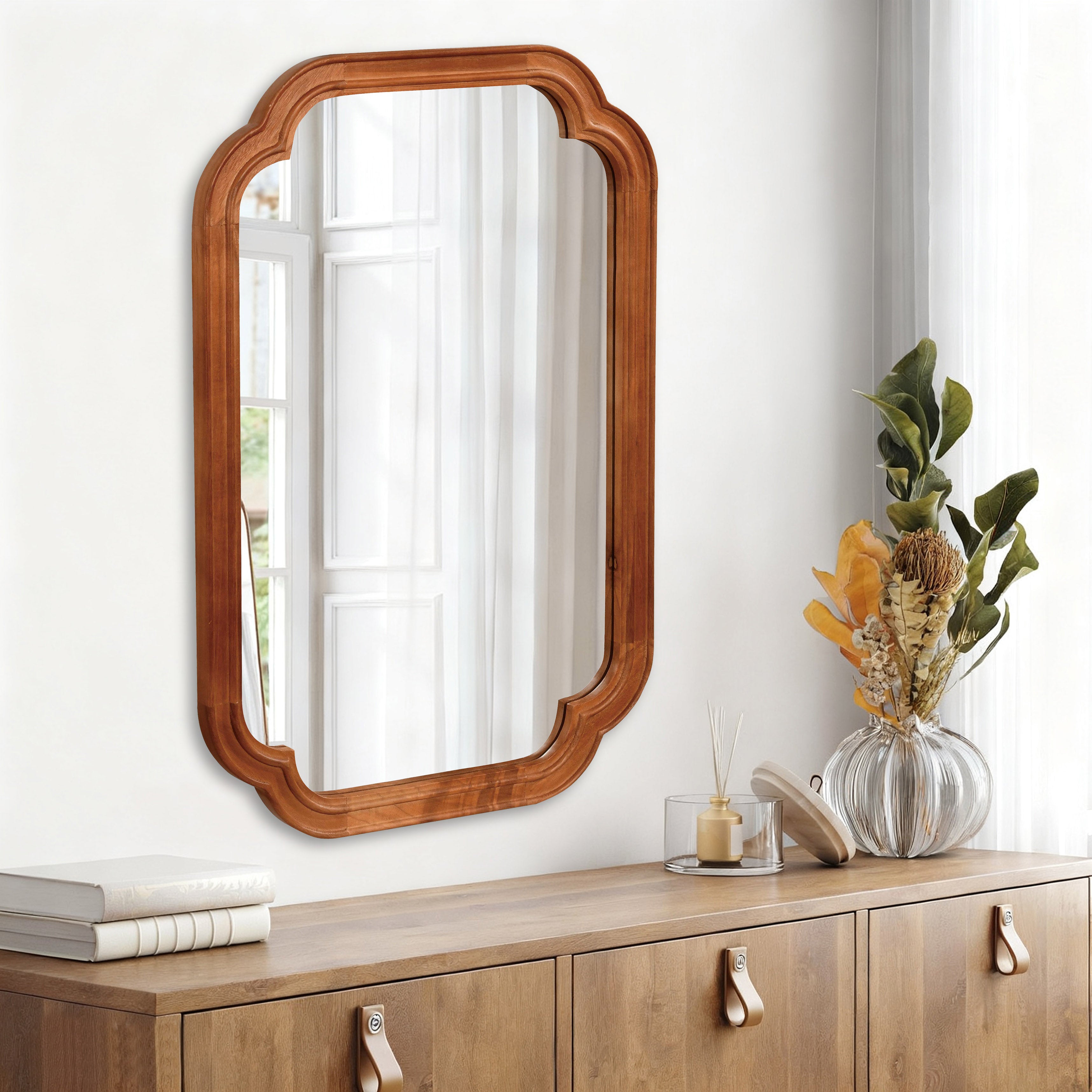 24" x 36" Solid Wood Frame Rounded Corner Decorative Mirror, For Bedroom, Bathroom, Living Room, Entryway