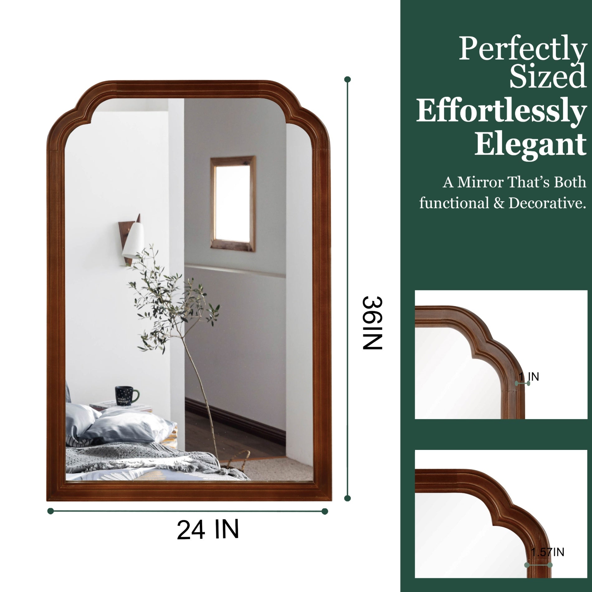 24 in. x 36 in. Solid Wood Frame Wall Mirror, Rounded Corner Tempered Glass Vanity Mirror for Bathroom, Bedroom & Entryway