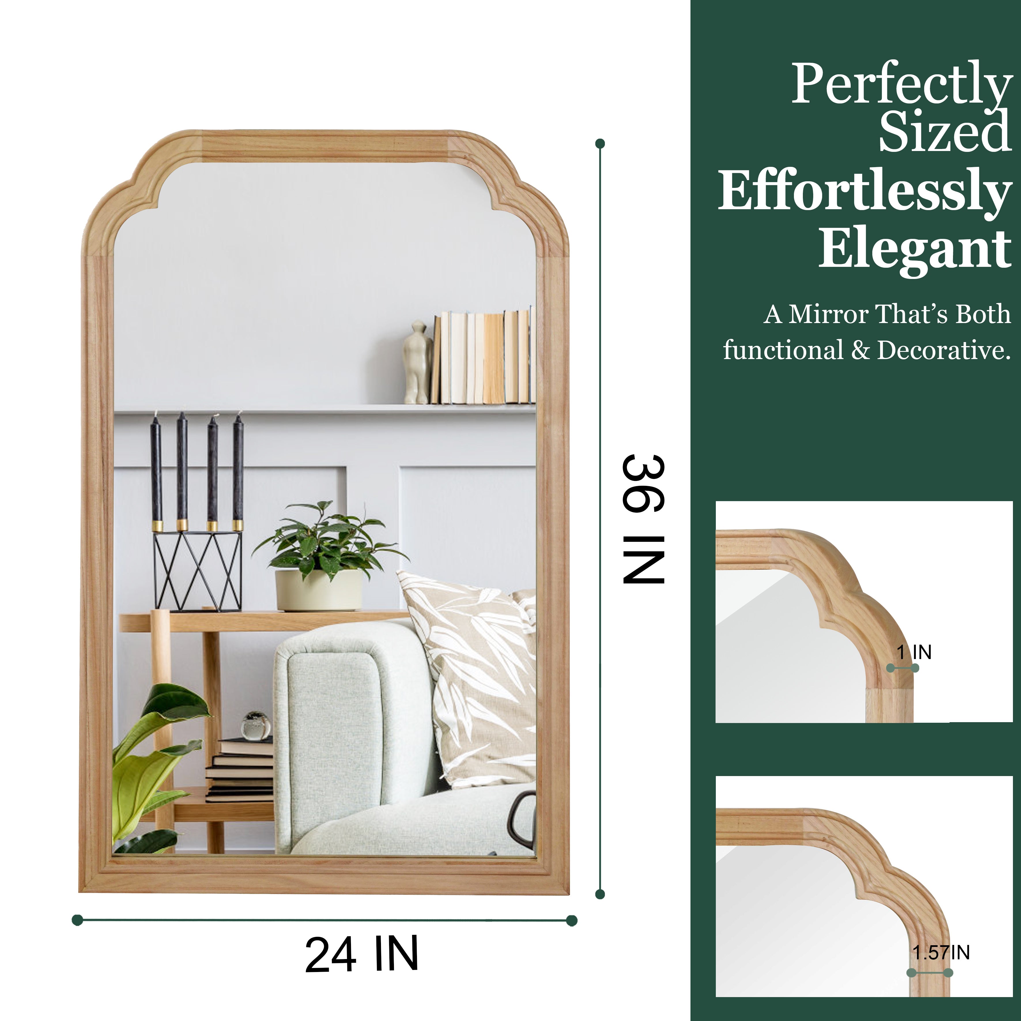 24 in. x 36 in. Solid Wood Frame Wall Mirror, Rounded Corner Tempered Glass Vanity Mirror for Bathroom, Bedroom & Entryway