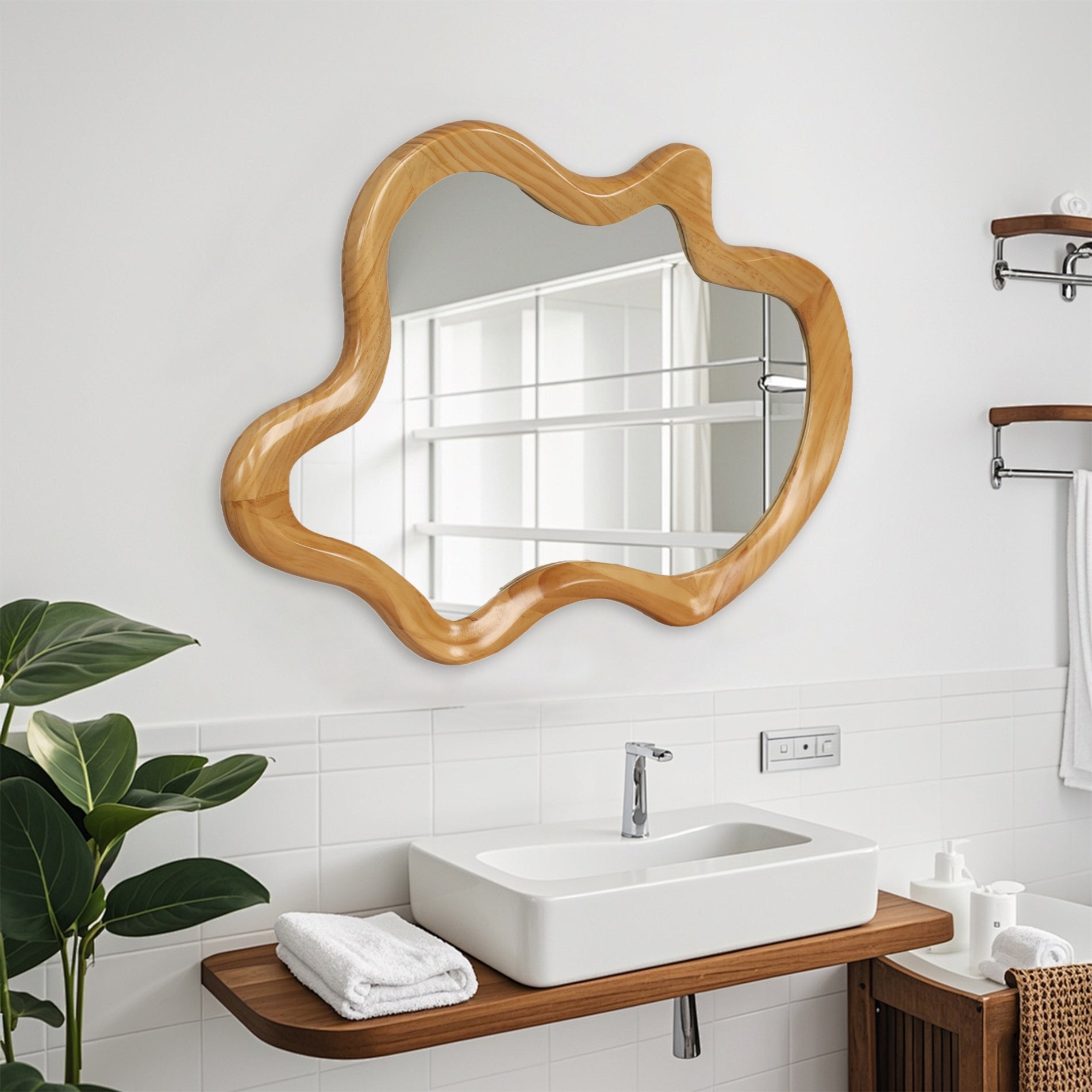33.46 in. x 22.24 in. Irregular Natural Wood Frame Wall Mirror, Asymmetrical Decorative Vanity Mirror for Bathroom, Bedroom & Entryway