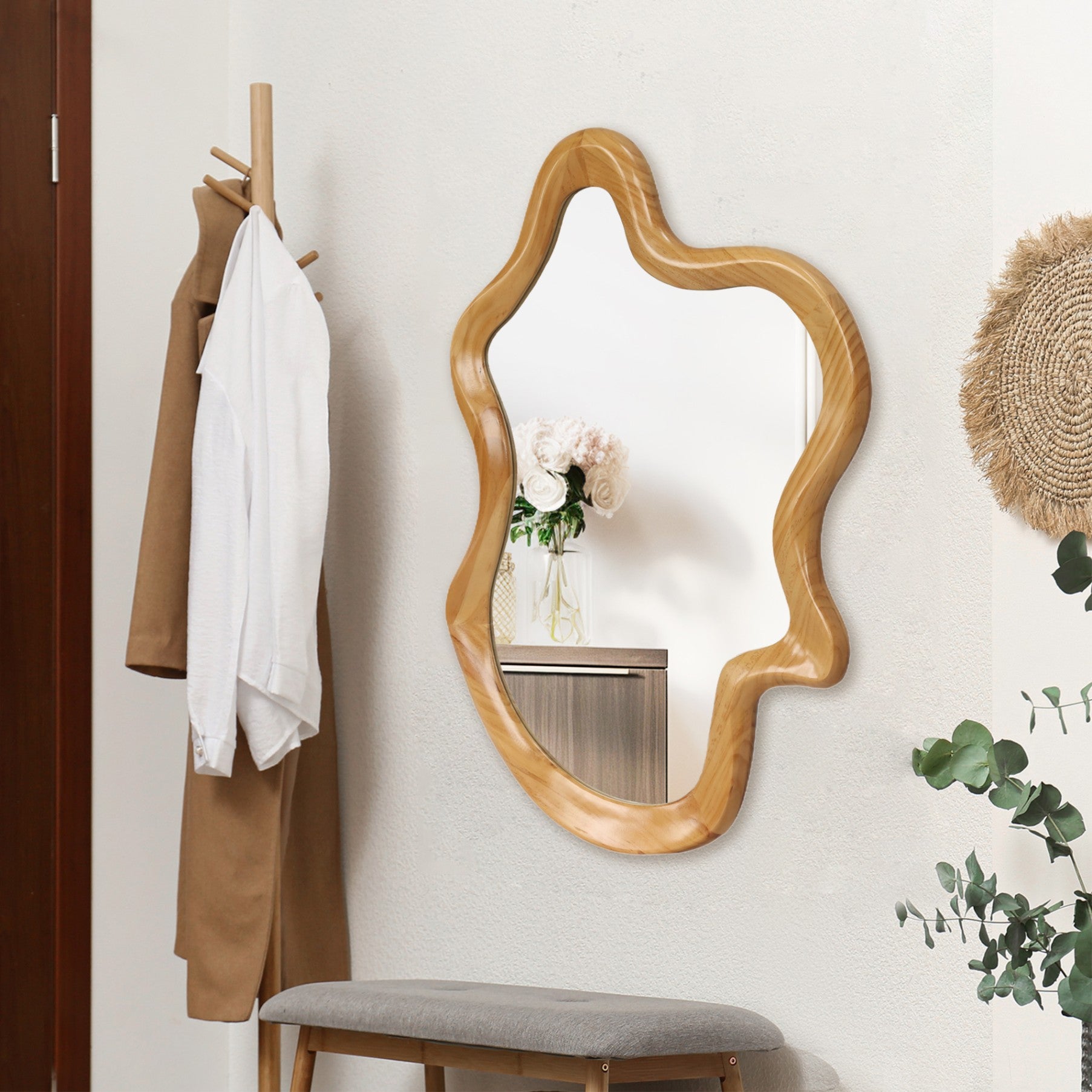 33.46 in. x 22.24 in. Irregular Natural Wood Frame Wall Mirror, Asymmetrical Decorative Vanity Mirror for Bathroom, Bedroom & Entryway