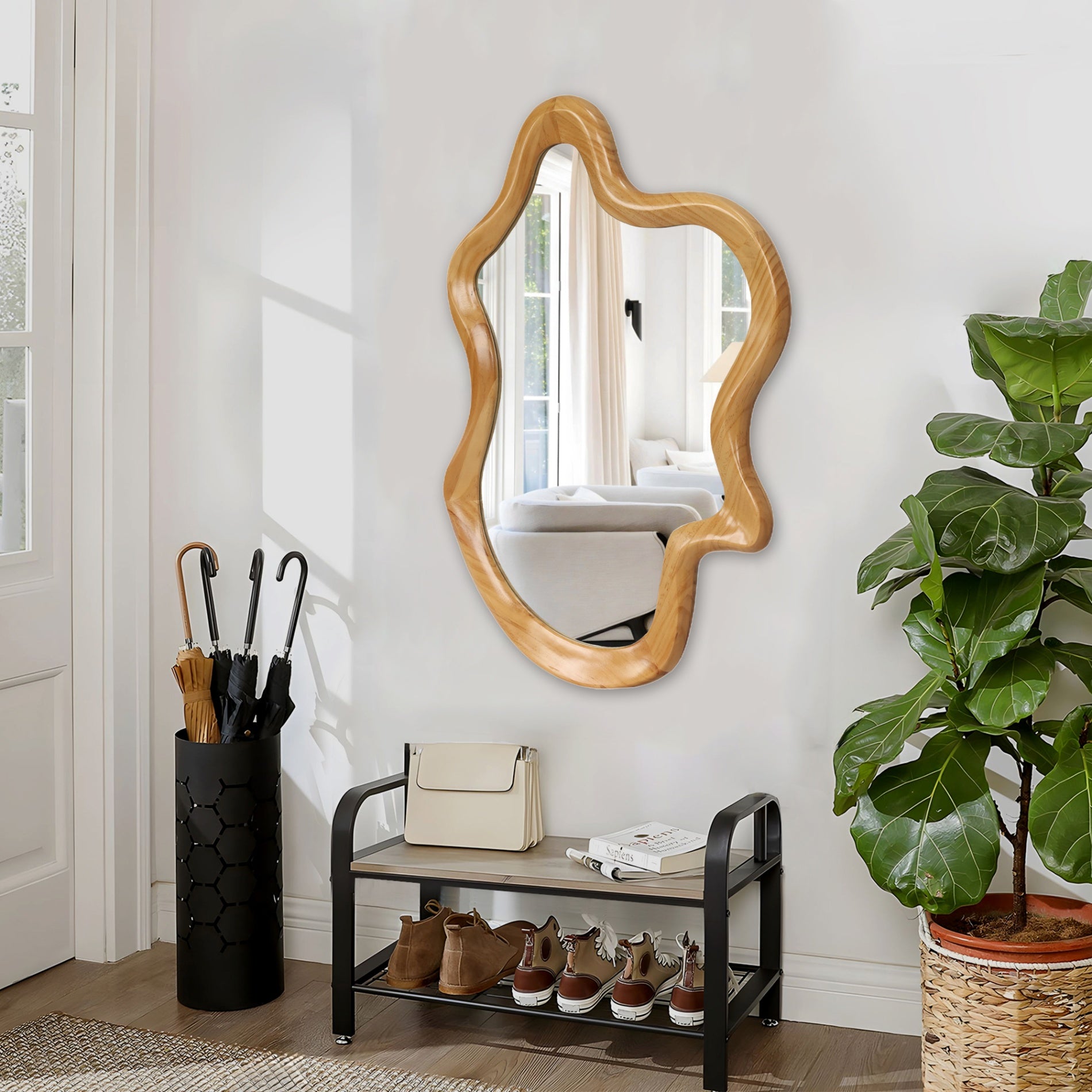33.46 in. x 22.24 in. Irregular Natural Wood Frame Wall Mirror, Asymmetrical Decorative Vanity Mirror for Bathroom, Bedroom & Entryway