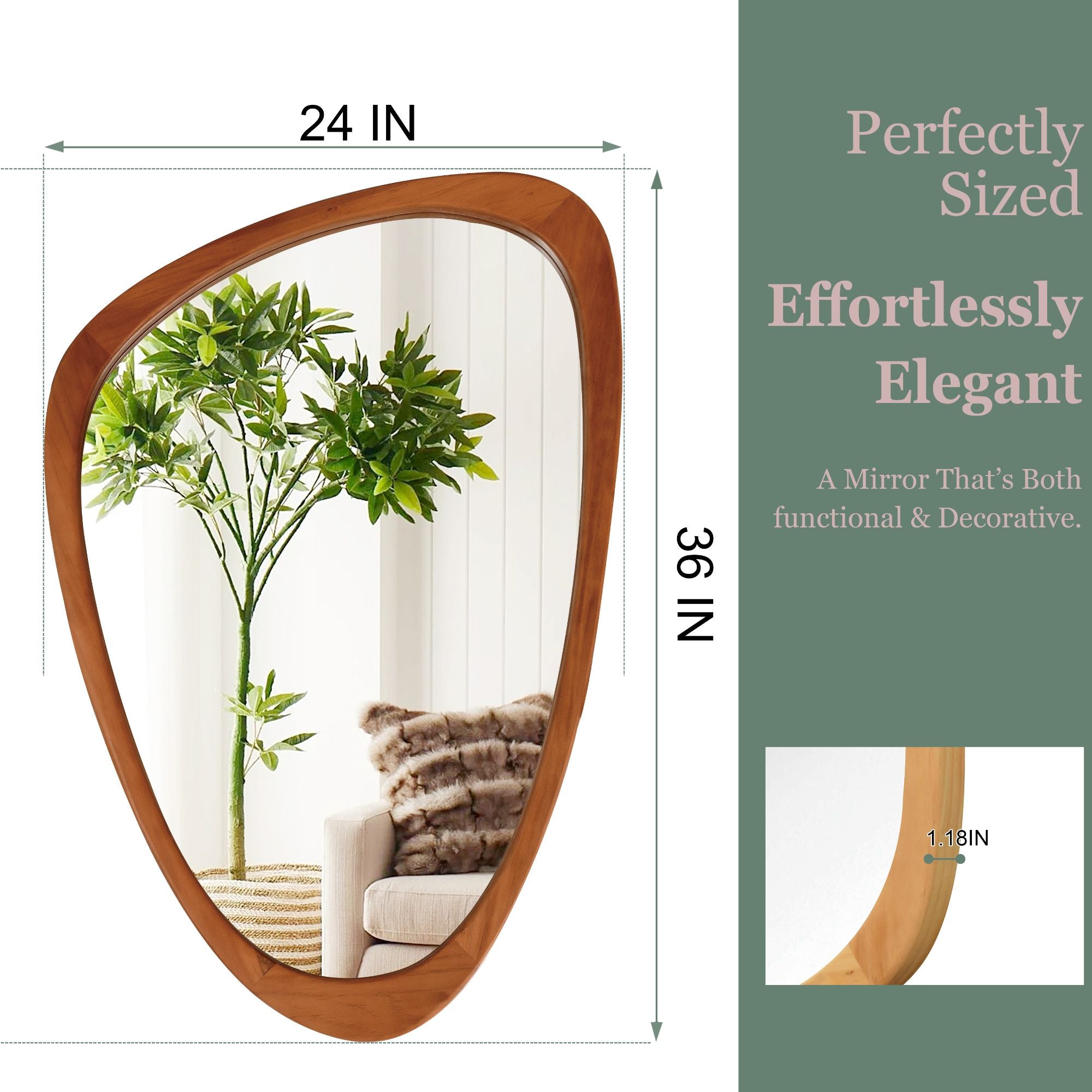 24 in. x 36 in. Irregular Solid Wood Wall Mirror, Decorative Tempered Glass Vanity Mirror for Bathroom, Bedroom & Entryway