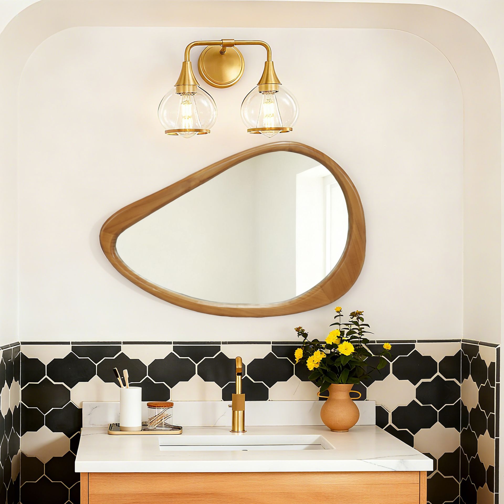 29.92 in. x 20.08 in. Natural Wood Irregular Teardrop Wall Mirror, Mid-Century Decorative Accent Mirror for Bathroom, Bedroom & Living Room