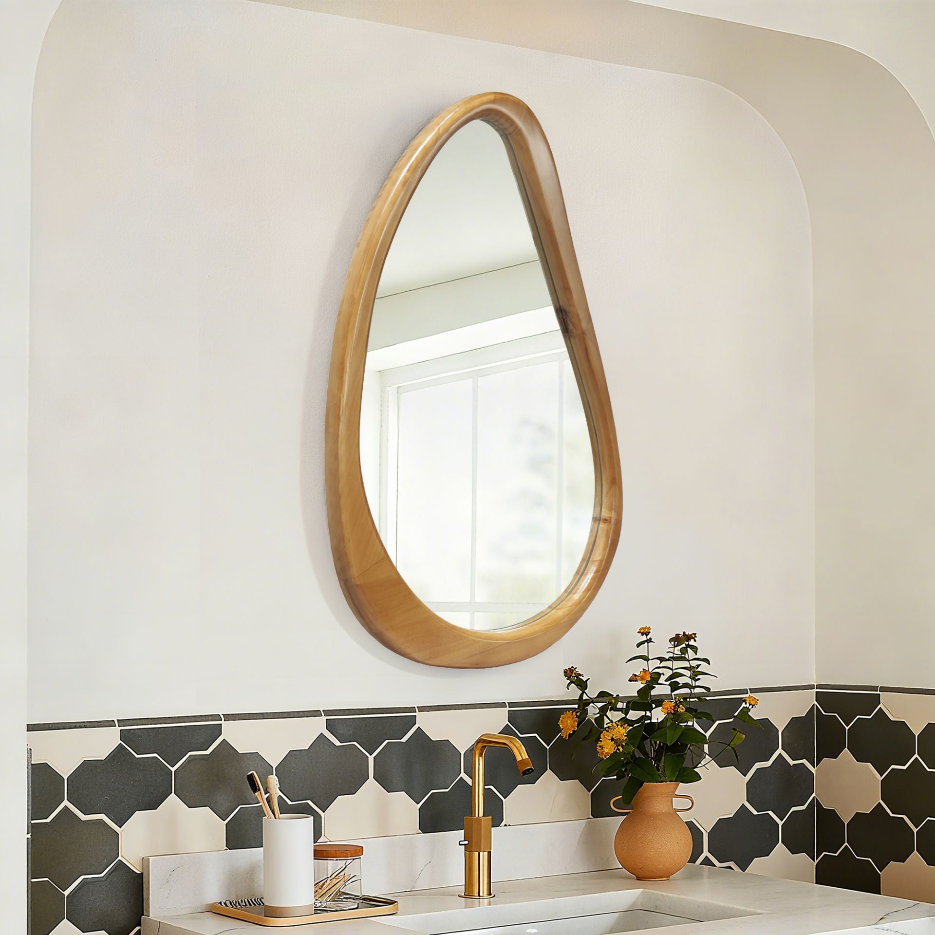 29.92 in. x 20.08 in. Natural Wood Irregular Teardrop Wall Mirror, Mid-Century Decorative Accent Mirror for Bathroom, Bedroom & Living Room