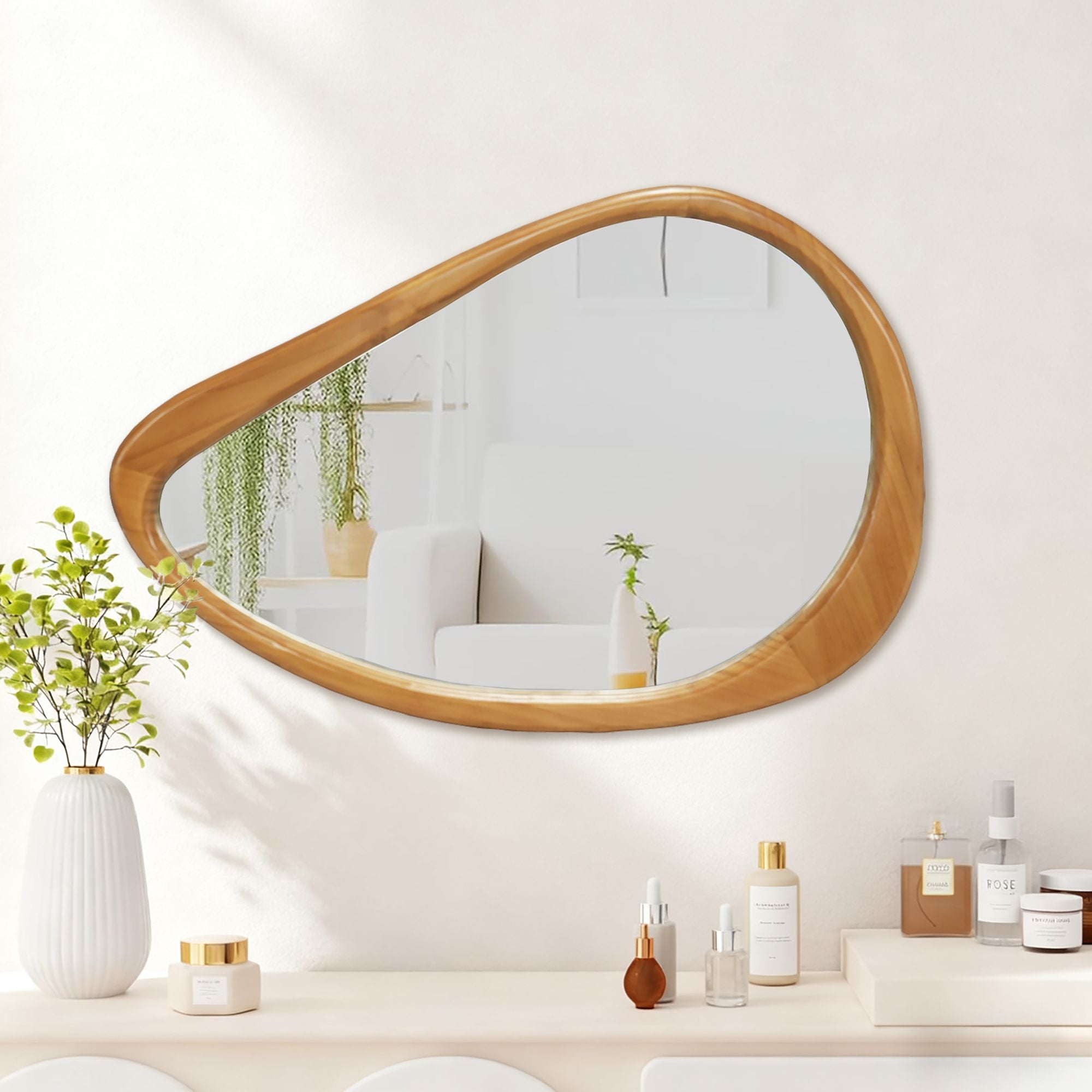 29.92 in. x 20.08 in. Natural Wood Irregular Teardrop Wall Mirror, Mid-Century Decorative Accent Mirror for Bathroom, Bedroom & Living Room