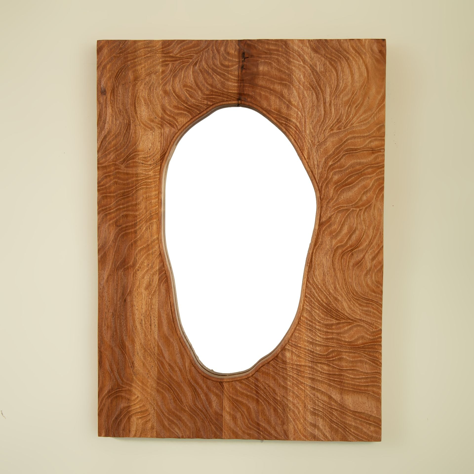 20 in. Vintage Solid Rosewood Wall Mirror, Irregular Rectangular Wood Frame Decorative Mirror for Bathroom, Bedroom, Living Room & Entryway