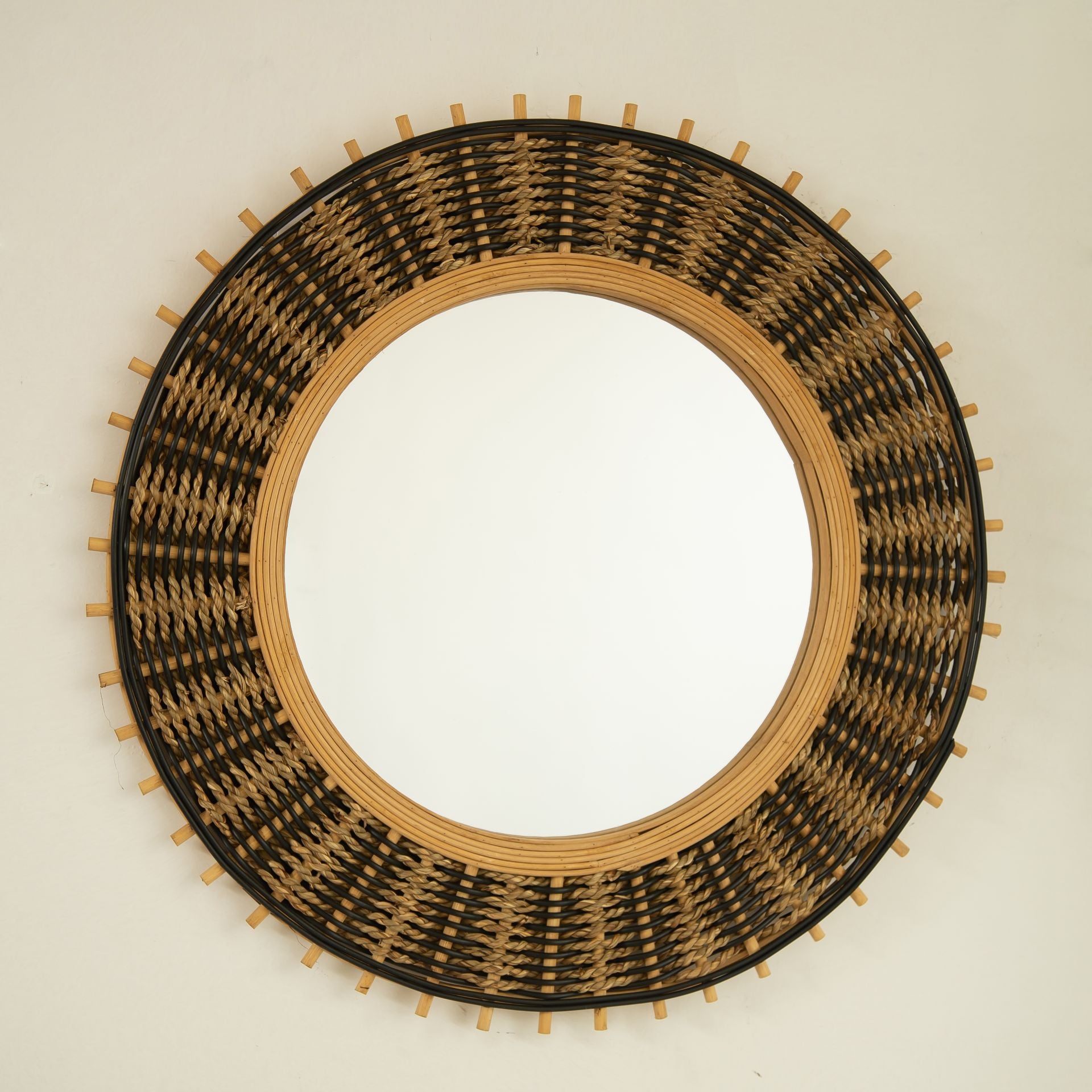 23 in. Natural Bamboo Round Wall Mirror with Light Yellow & Black Woven Hemp Rope, Handcrafted Decorative Accent Mirror for Bathroom, Bedroom & Entryway