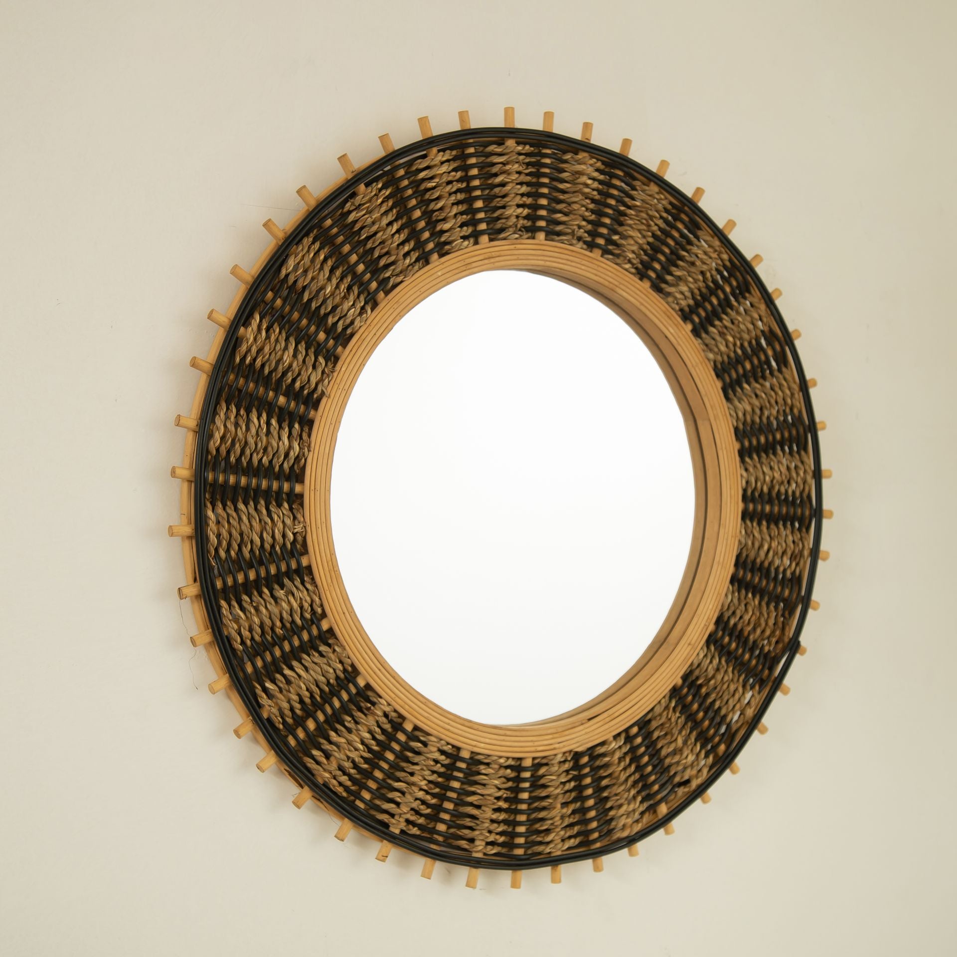 23 in. Natural Bamboo Round Wall Mirror with Light Yellow & Black Woven Hemp Rope, Handcrafted Decorative Accent Mirror for Bathroom, Bedroom & Entryway