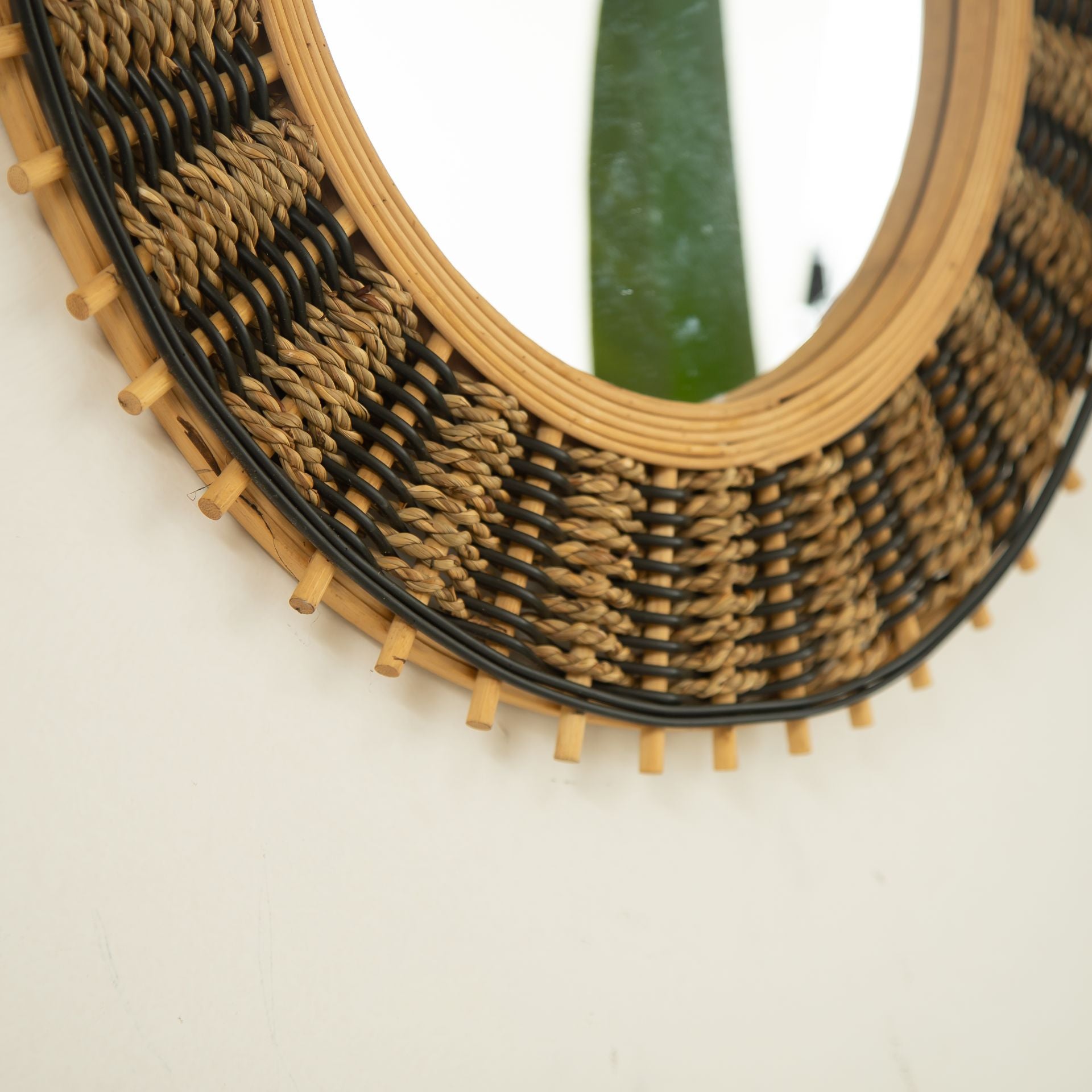 23 in. Natural Bamboo Round Wall Mirror with Light Yellow & Black Woven Hemp Rope, Handcrafted Decorative Accent Mirror for Bathroom, Bedroom & Entryway