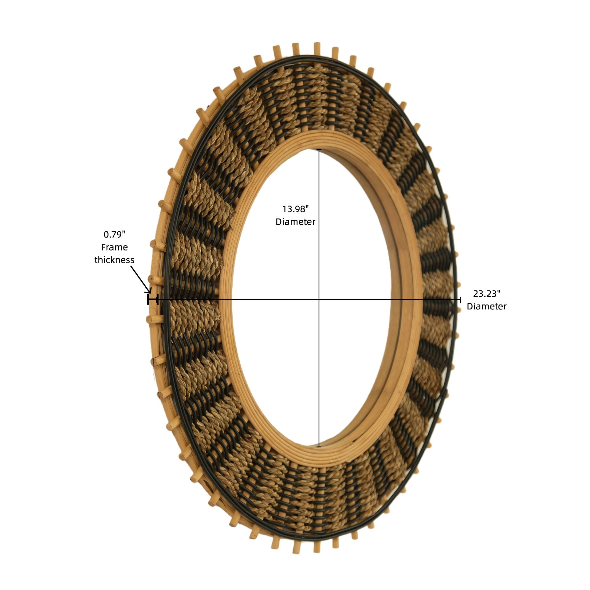 23 in. Natural Bamboo Round Wall Mirror with Light Yellow & Black Woven Hemp Rope, Handcrafted Decorative Accent Mirror for Bathroom, Bedroom & Entryway