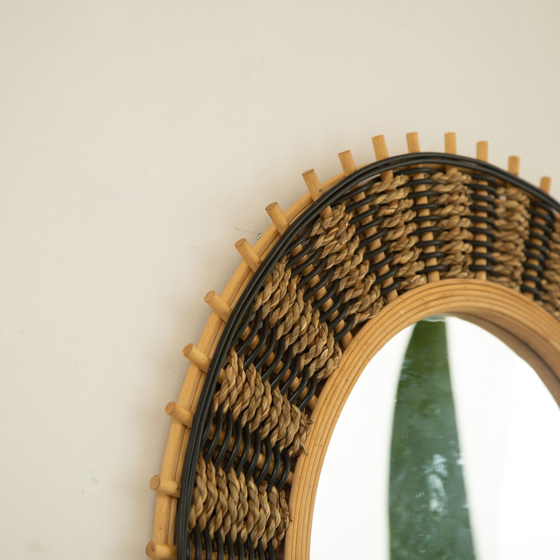 23 in. Natural Bamboo Round Wall Mirror with Light Yellow & Black Woven Hemp Rope, Handcrafted Decorative Accent Mirror for Bathroom, Bedroom & Entryway