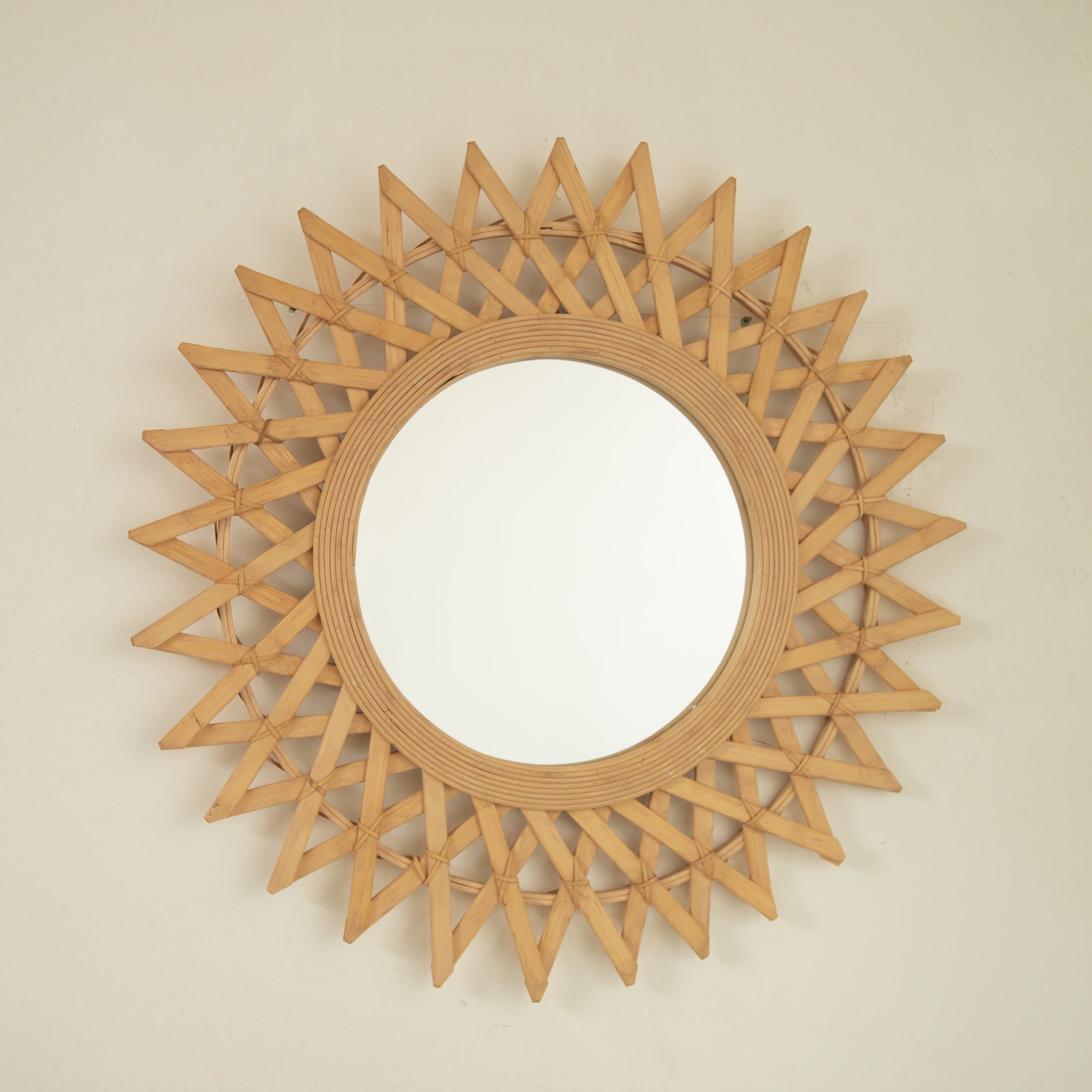 24 in. Natural Bamboo & Hemp Irregular Wall Mirror, Handcrafted Diamond-Inspired Decorative Accent Mirror for Bathroom, Bedroom, Living Room & Entryway