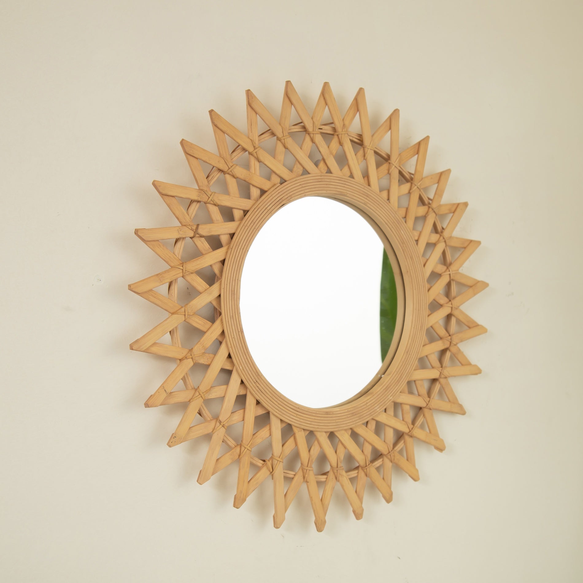 24 in. Natural Bamboo & Hemp Irregular Wall Mirror, Handcrafted Diamond-Inspired Decorative Accent Mirror for Bathroom, Bedroom, Living Room & Entryway