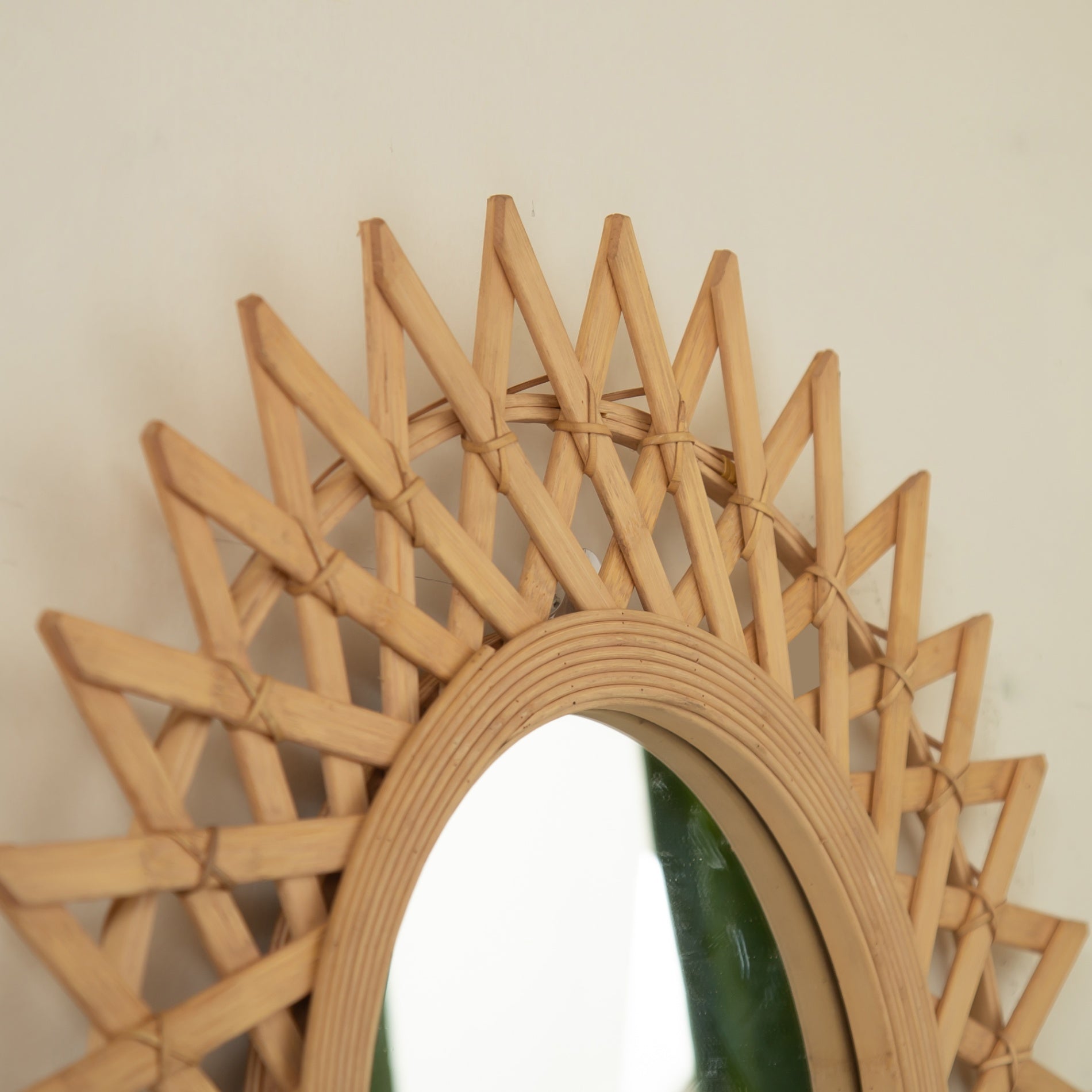 24 in. Natural Bamboo & Hemp Irregular Wall Mirror, Handcrafted Diamond-Inspired Decorative Accent Mirror for Bathroom, Bedroom, Living Room & Entryway