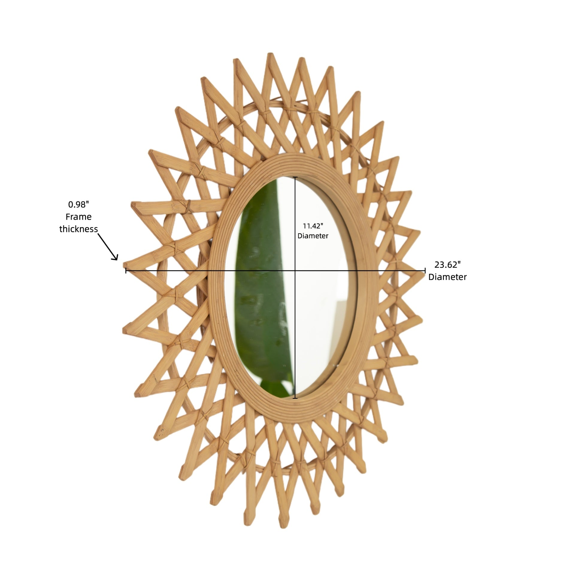 24 in. Natural Bamboo & Hemp Irregular Wall Mirror, Handcrafted Diamond-Inspired Decorative Accent Mirror for Bathroom, Bedroom, Living Room & Entryway