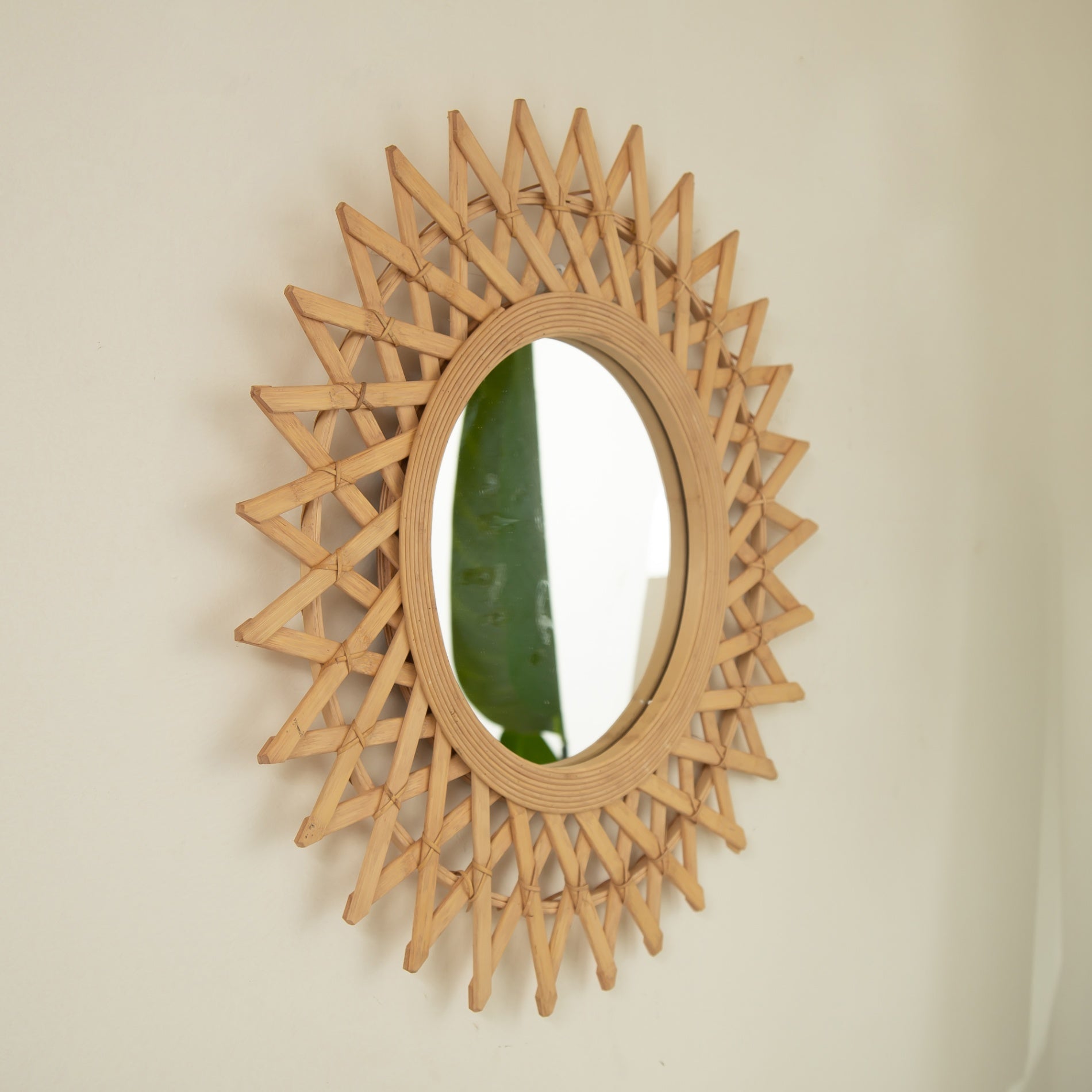 24 in. Natural Bamboo & Hemp Irregular Wall Mirror, Handcrafted Diamond-Inspired Decorative Accent Mirror for Bathroom, Bedroom, Living Room & Entryway