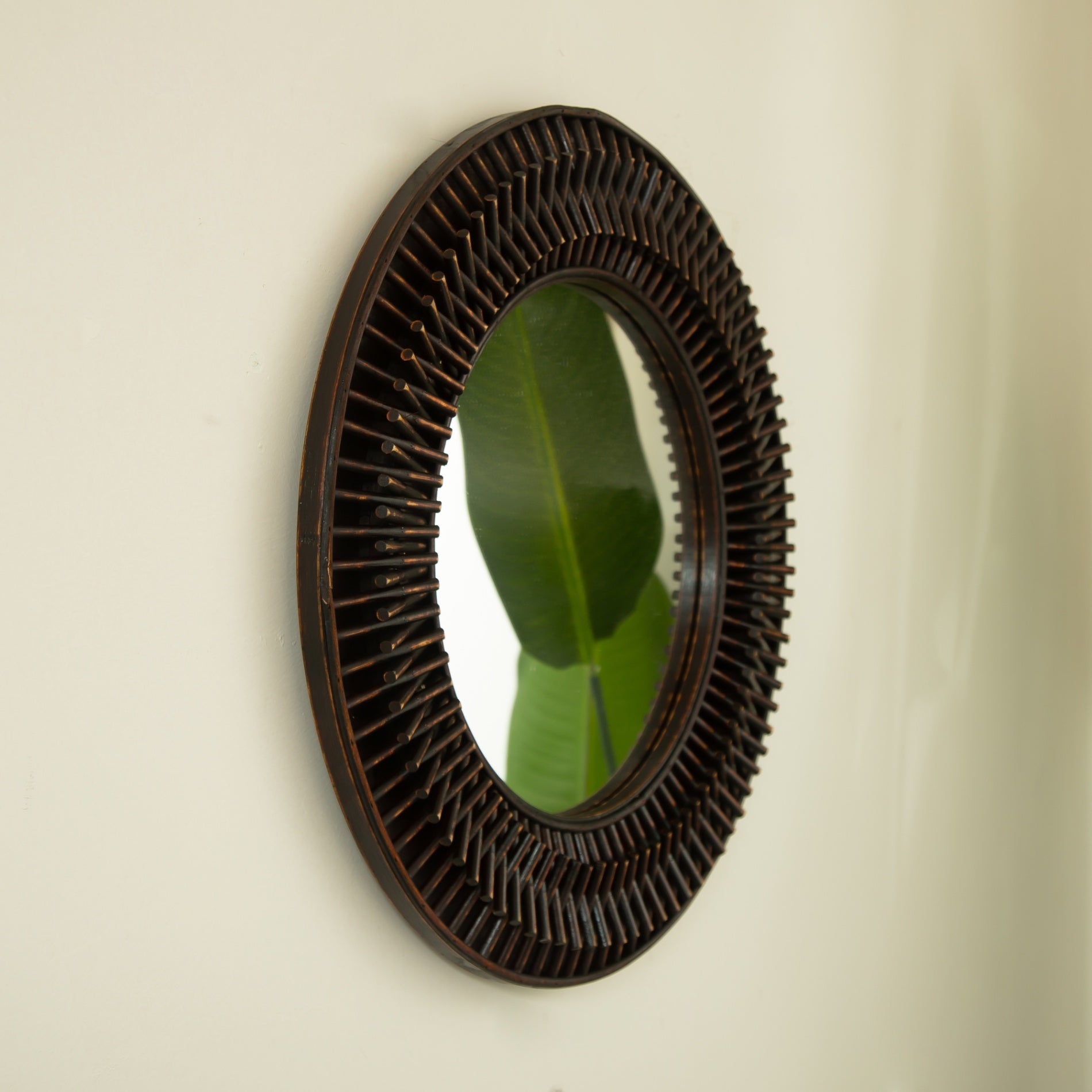 24 in. Dark Bamboo Round Wall Mirror, Handcrafted Natural Bamboo Artistry Decorative Mirror for Bathroom, Bedroom, Living Room & Entryway