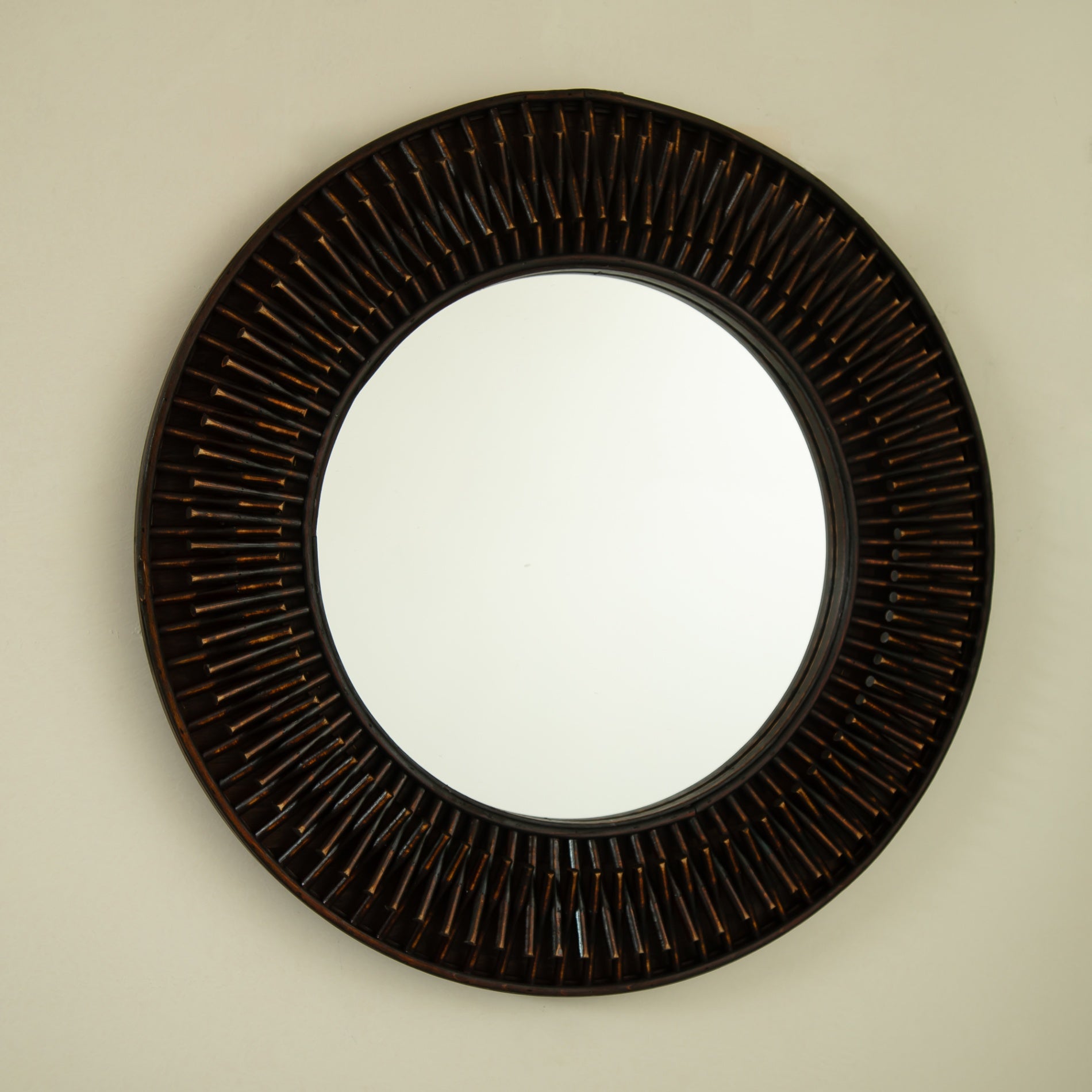 24 in. Dark Bamboo Round Wall Mirror, Handcrafted Natural Bamboo Artistry Decorative Mirror for Bathroom, Bedroom, Living Room & Entryway