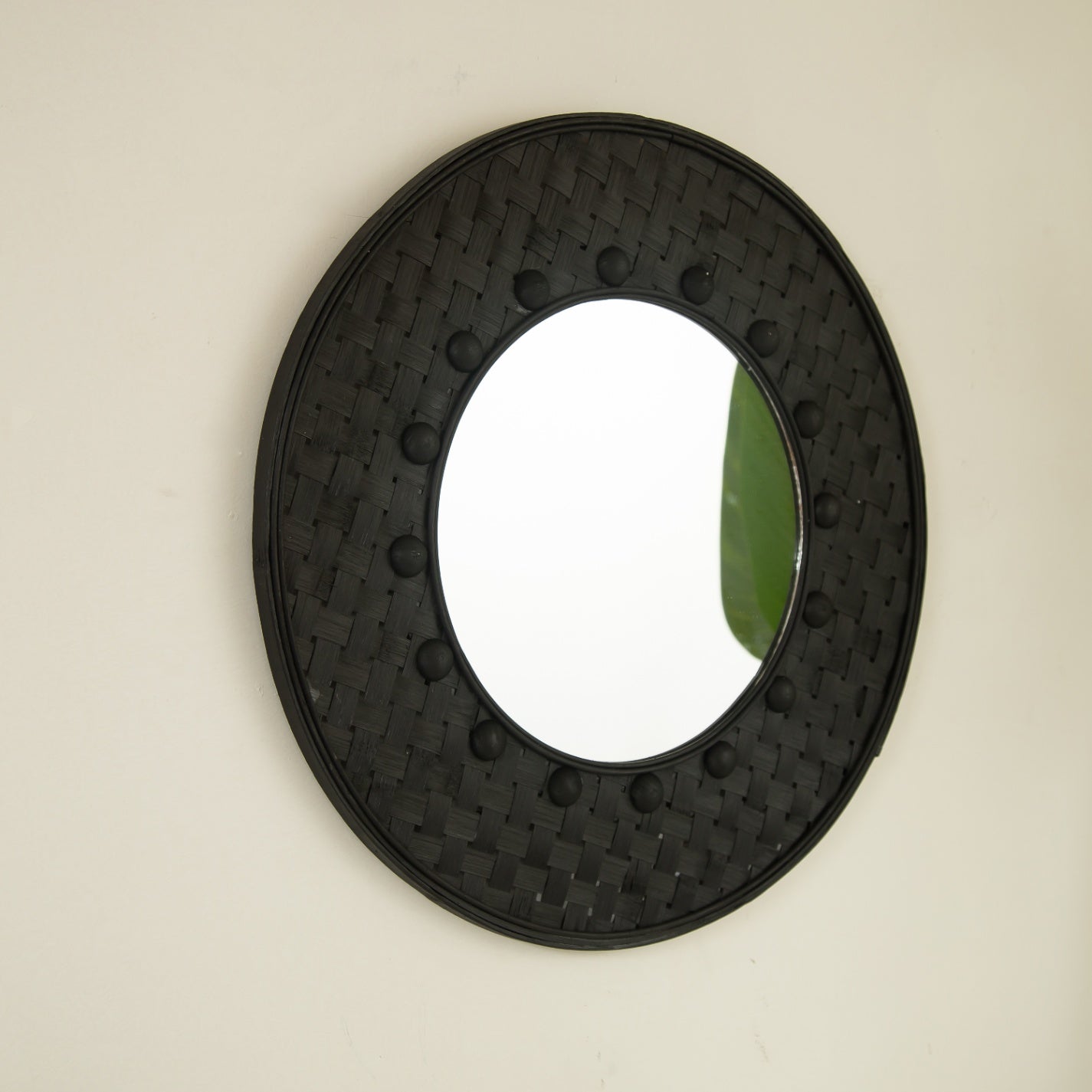 24 in. Black Bamboo Round Wall Mirror, Hand-Woven 3D Bamboo Frame Decorative Mirror for Bathroom, Bedroom, Living Room & Entryway