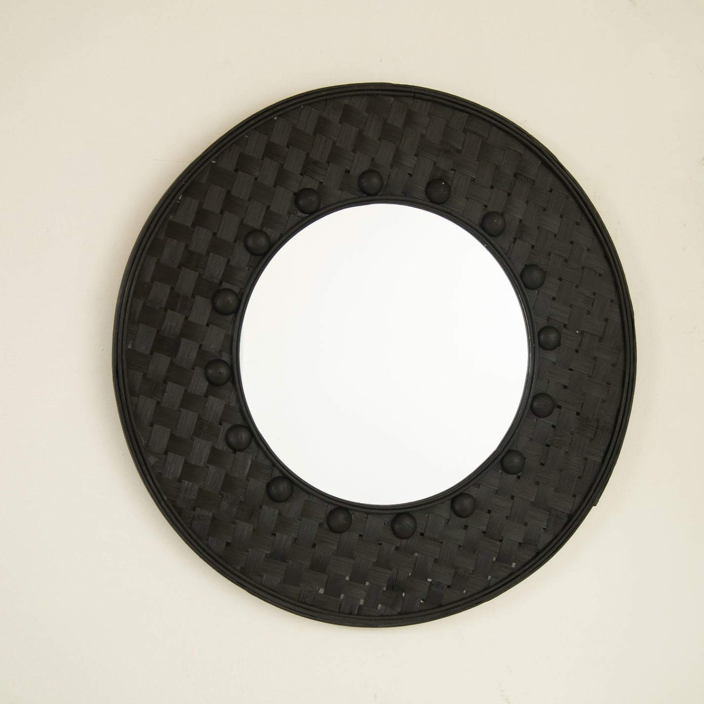 24 in. Black Bamboo Round Wall Mirror, Hand-Woven 3D Bamboo Frame Decorative Mirror for Bathroom, Bedroom, Living Room & Entryway