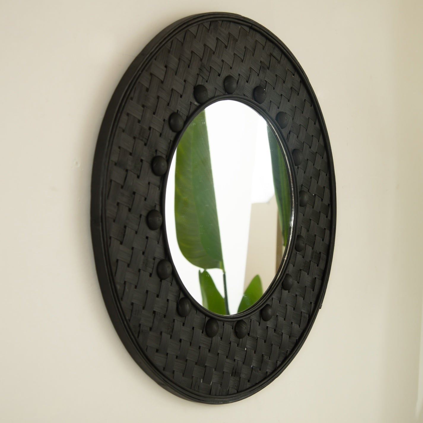 24 in. Black Bamboo Round Wall Mirror, Hand-Woven 3D Bamboo Frame Decorative Mirror for Bathroom, Bedroom, Living Room & Entryway