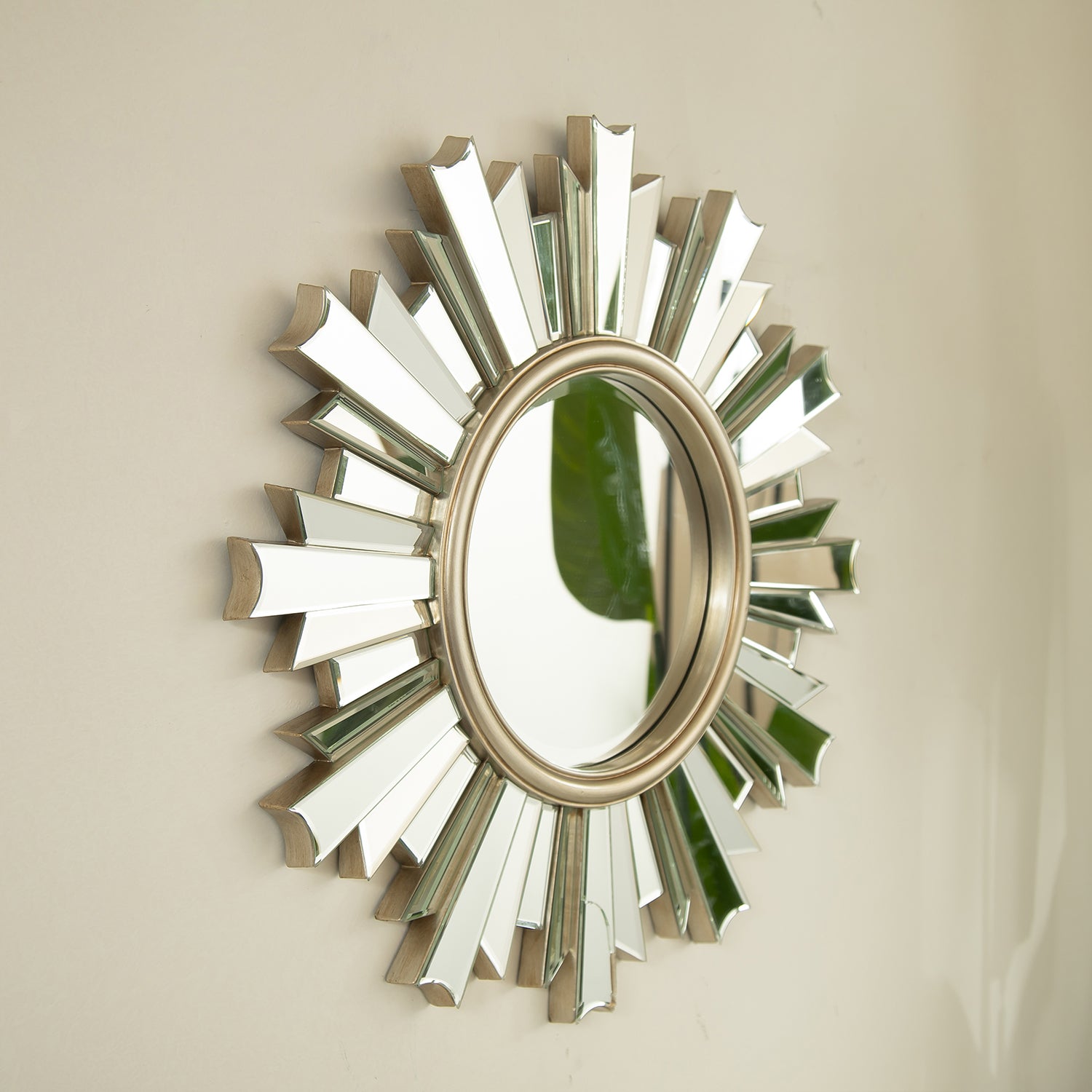 26 in. Sunburst PU Wall Mirror, Modern Round Decorative Accent Mirror for Living Room, Bedroom, Hallway & Entryway