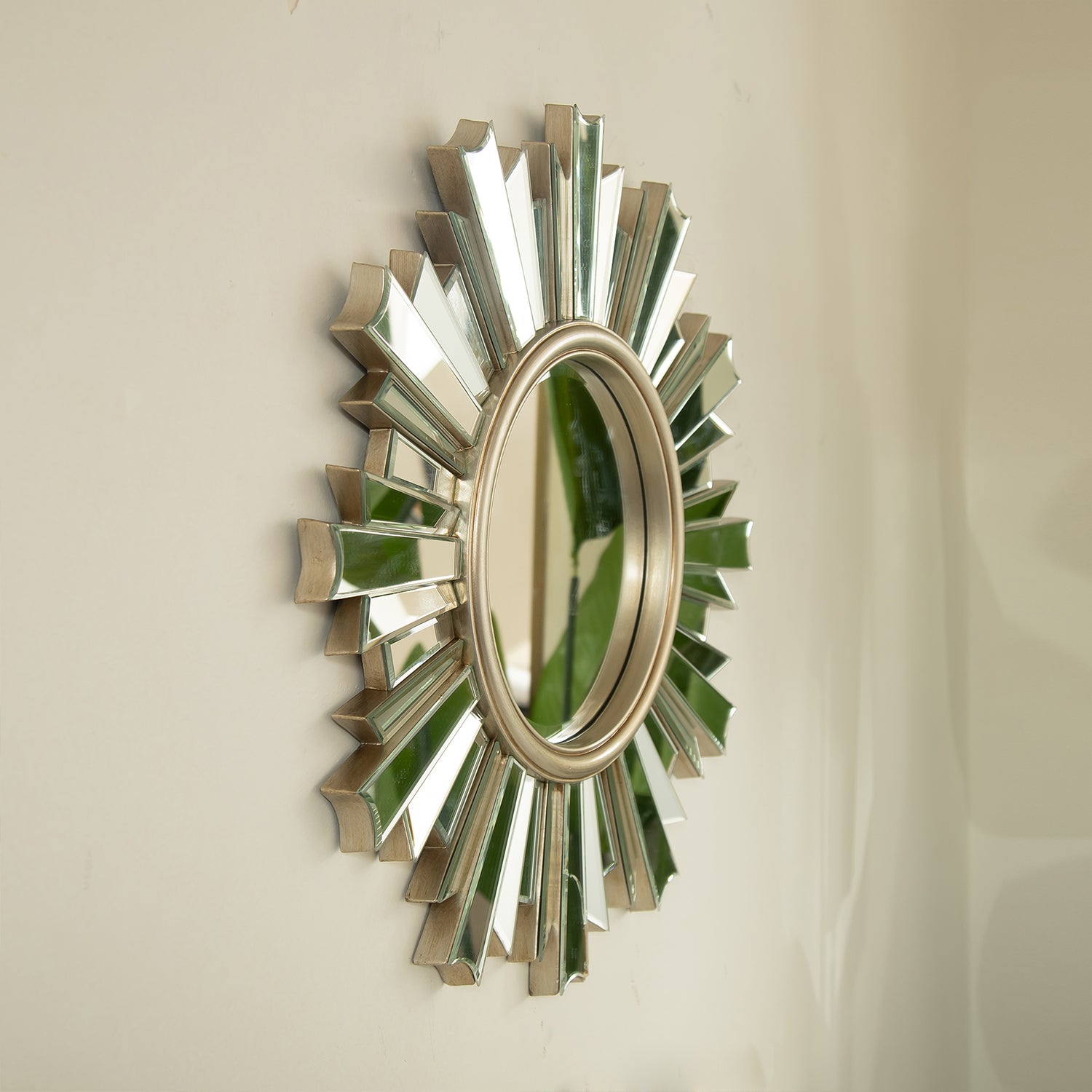 26 in. Sunburst PU Wall Mirror, Modern Round Decorative Accent Mirror for Living Room, Bedroom, Hallway & Entryway