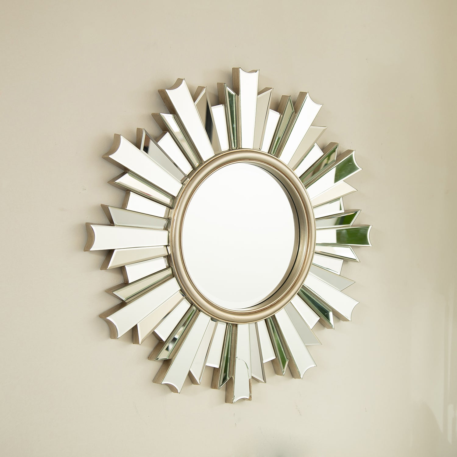 26 in. Sunburst PU Wall Mirror, Modern Round Decorative Accent Mirror for Living Room, Bedroom, Hallway & Entryway
