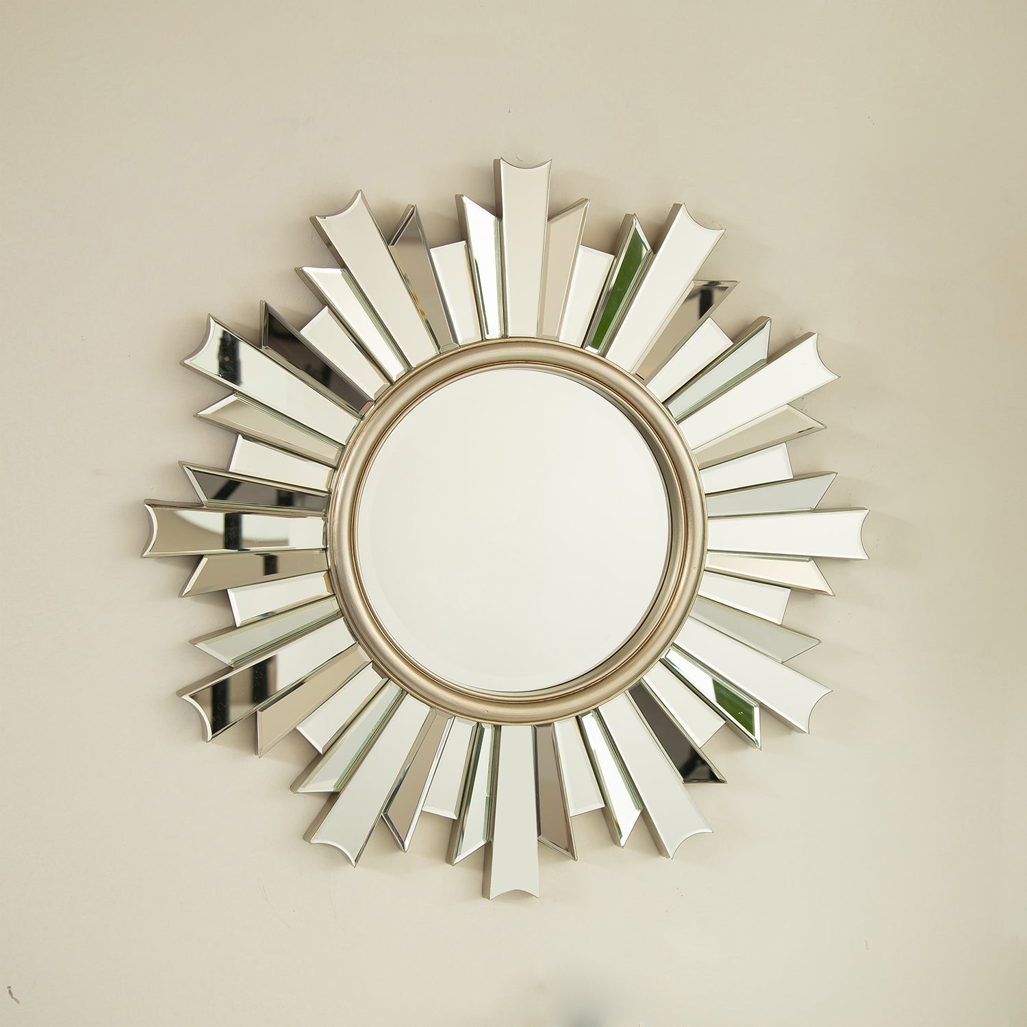 26 in. Sunburst PU Wall Mirror, Modern Round Decorative Accent Mirror for Living Room, Bedroom, Hallway & Entryway