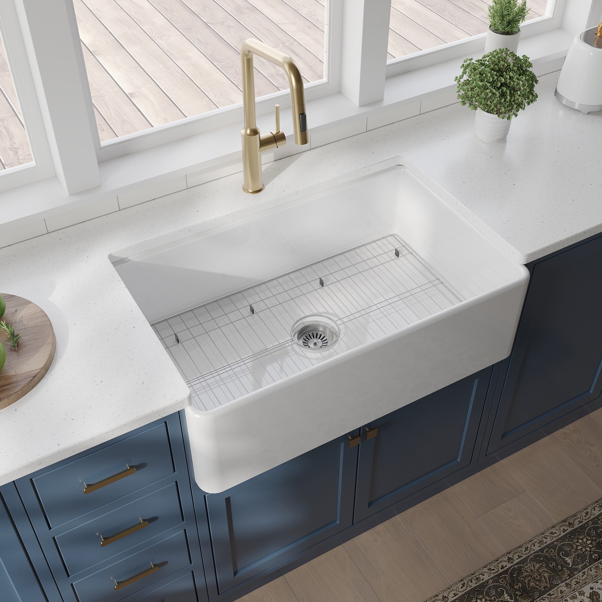 Fireclay Farmhouse Kitchen Sink with Grid and Strainer RX-FS02