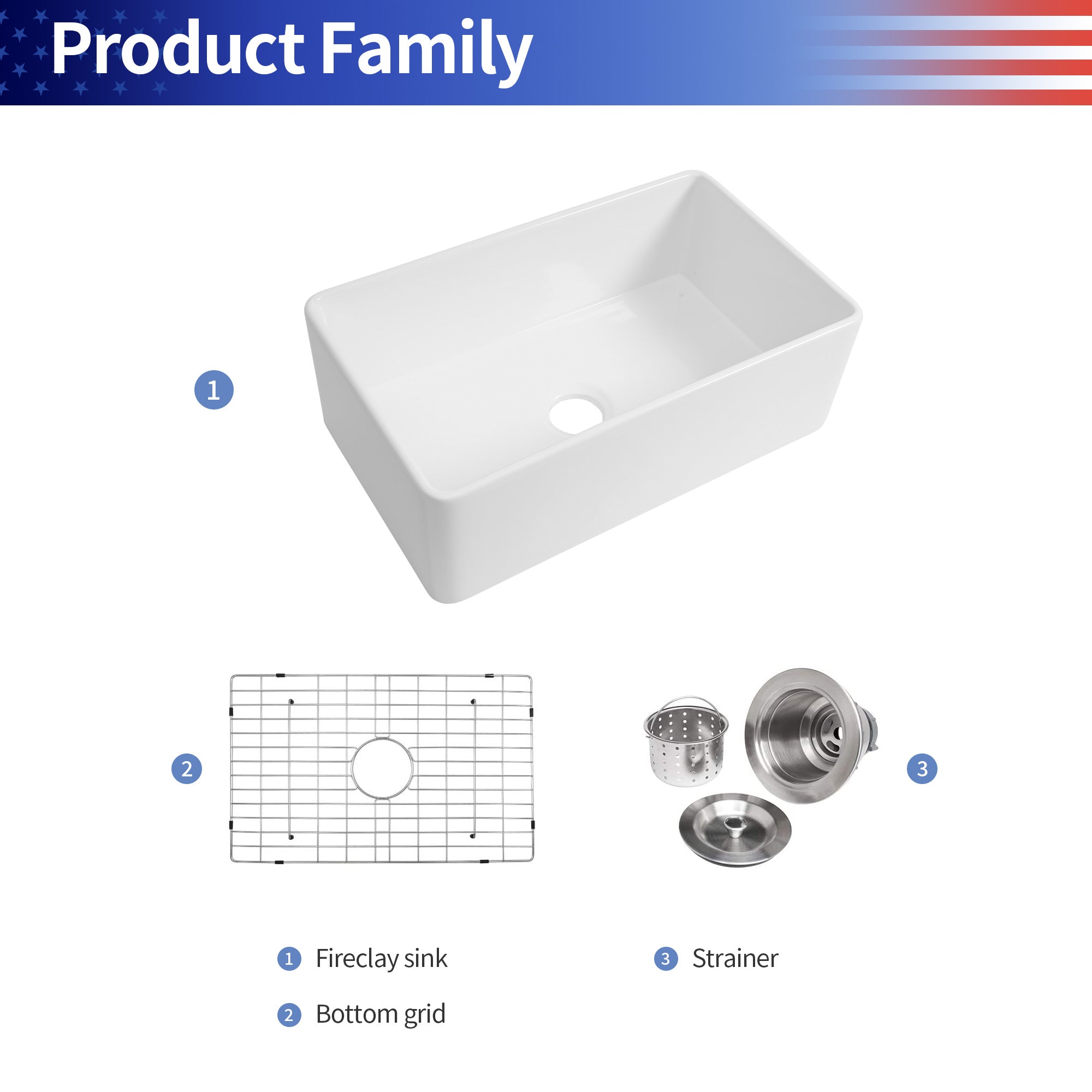 Fireclay Farmhouse Kitchen Sink with Grid and Strainer RX-FS02