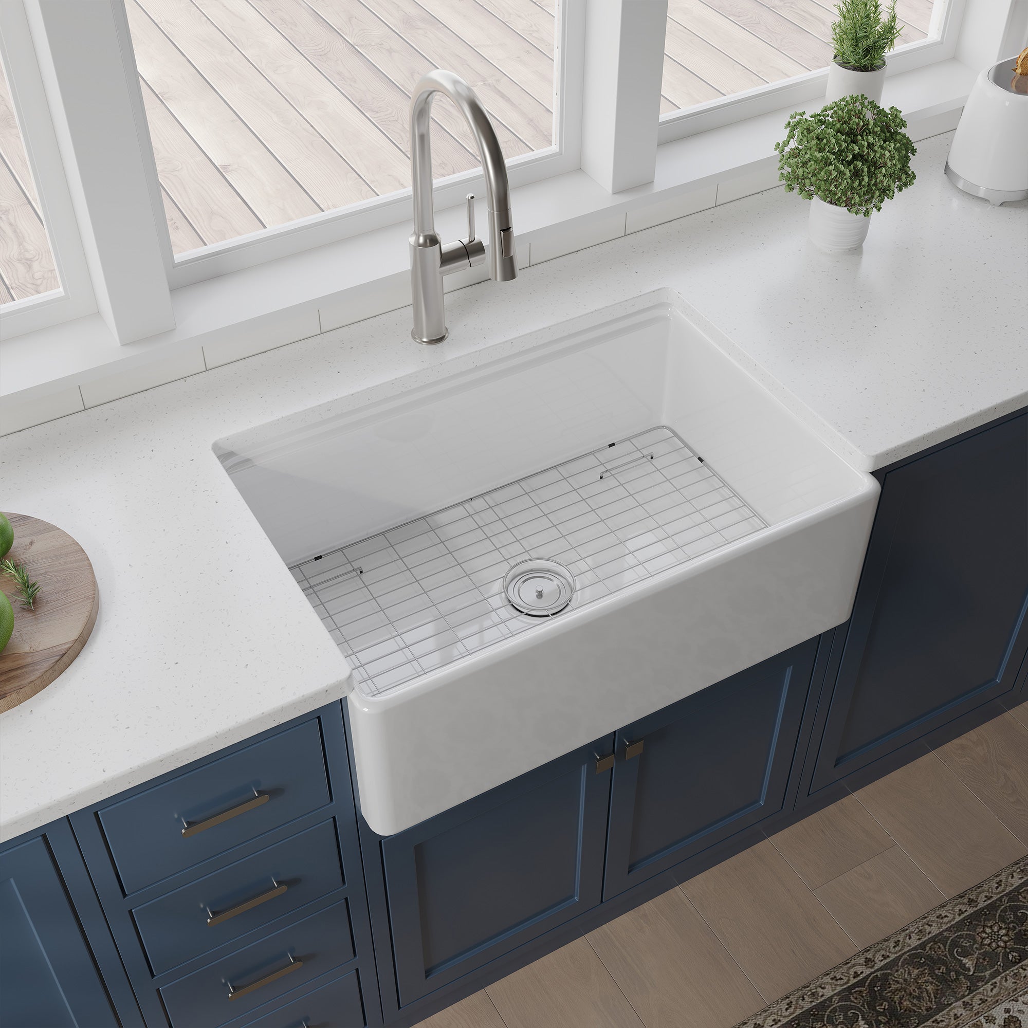 Évier de cuisine de style campagnard avec station de travail en argile réfractaire et accessoires RX-FS03