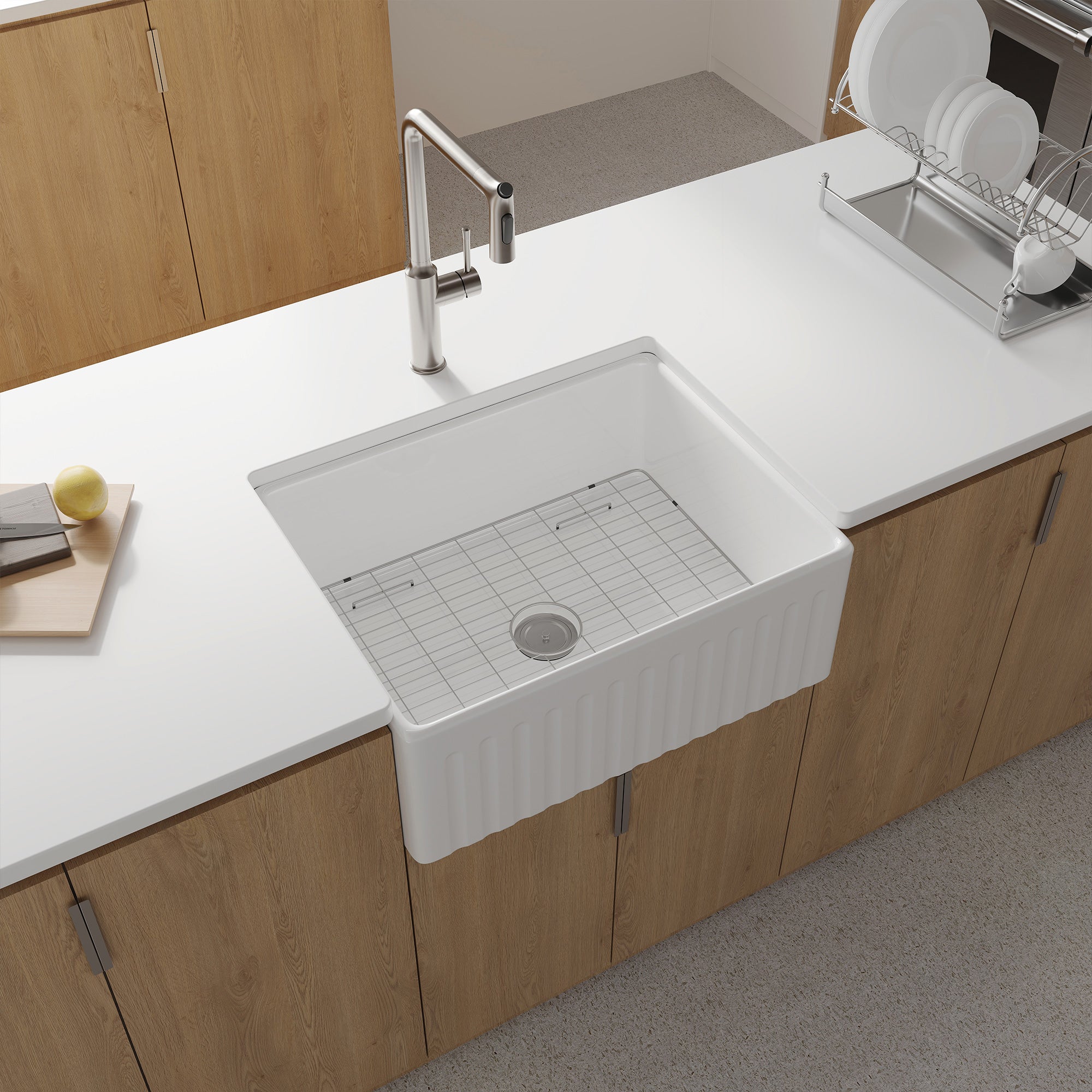 Fireclay Farmhouse Kitchen Sink with Grid and Strainer RX-FS04