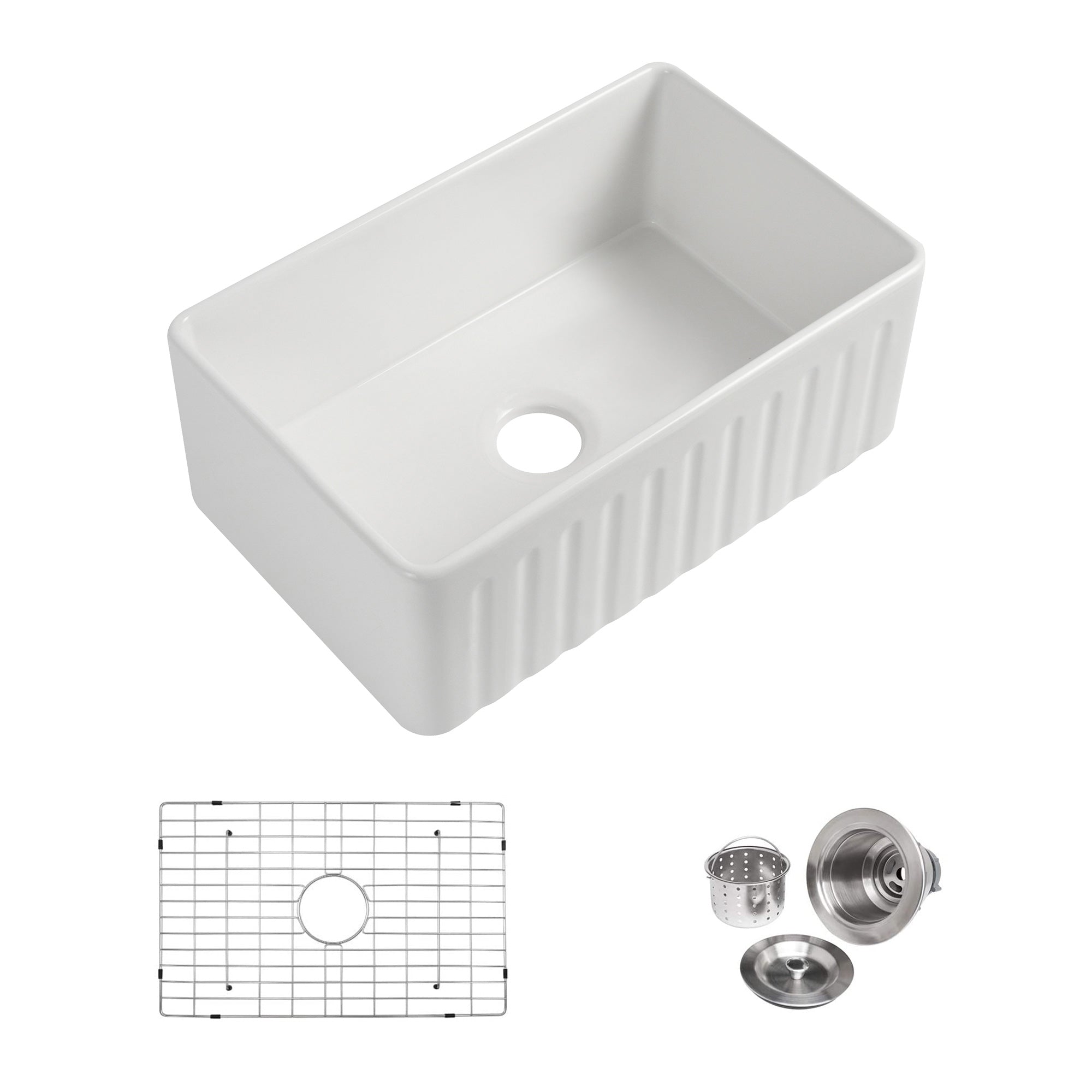 Fireclay Farmhouse Kitchen Sink with Grid and Strainer RX-FS04