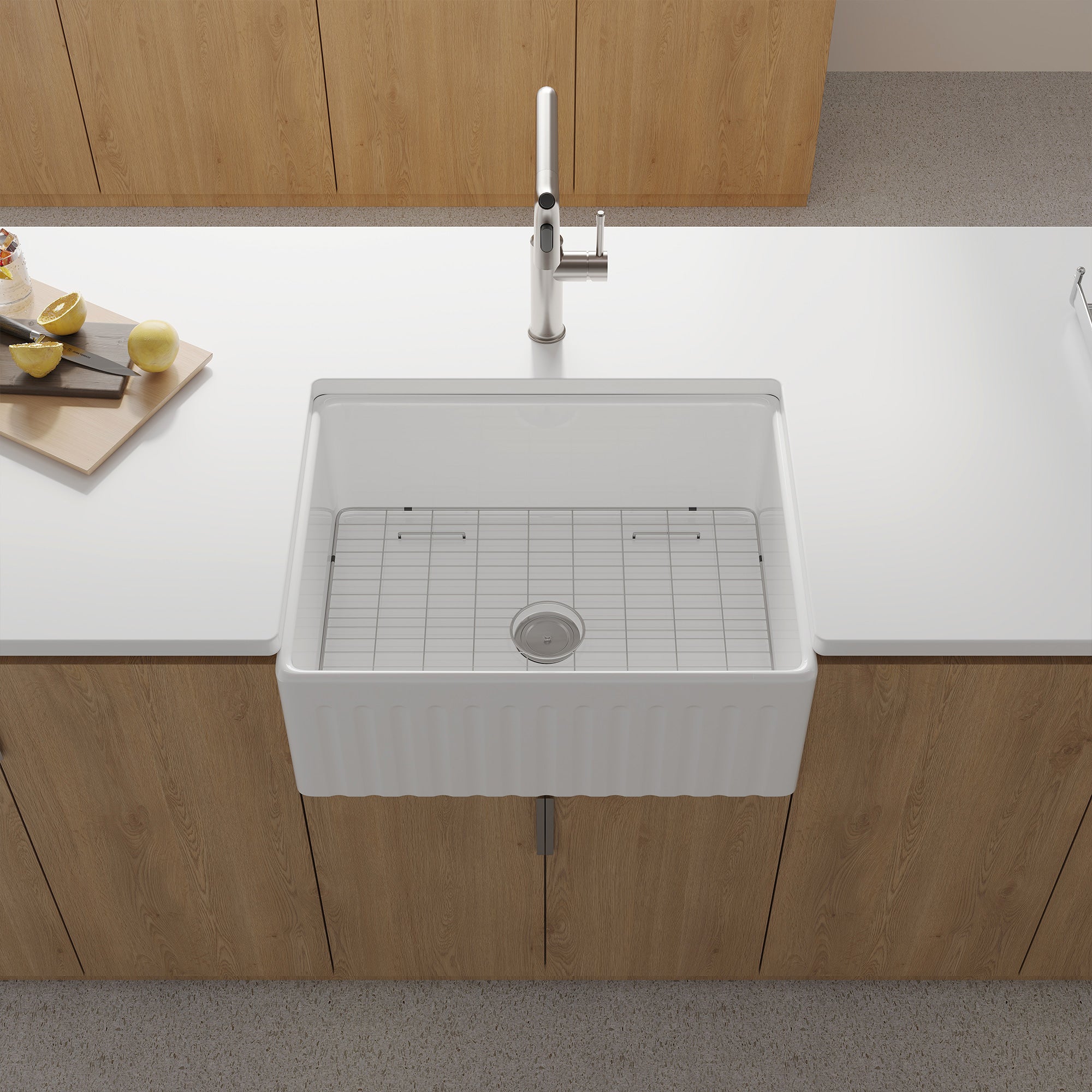 Fireclay Farmhouse Kitchen Sink with Grid and Strainer RX-FS04