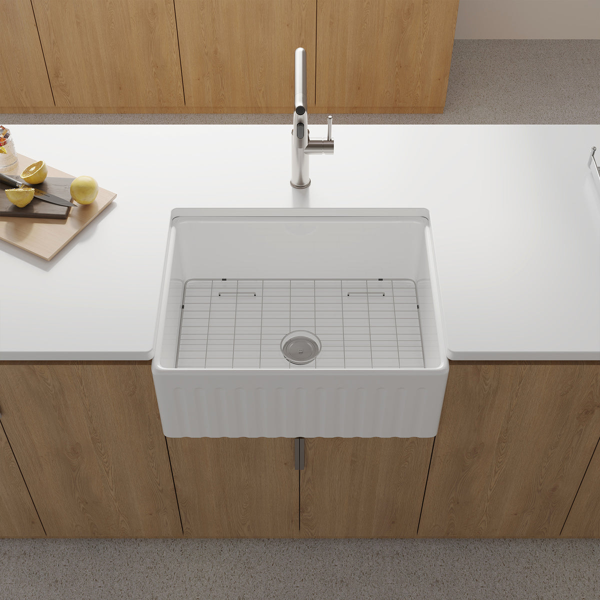 RAINLEX Fireclay Farmhouse Apron-Front Single Bowl Kitchen Sink with Grid (FS04)