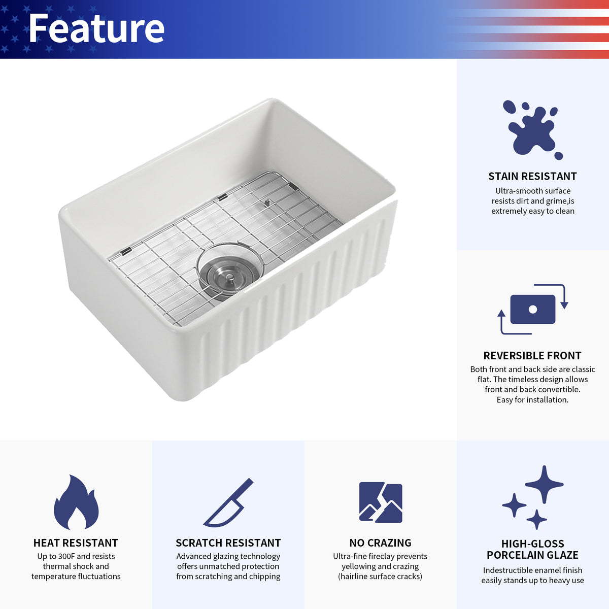 RAINLEX Fireclay Farmhouse Apron-Front Single Bowl Kitchen Sink with Grid (FS04)