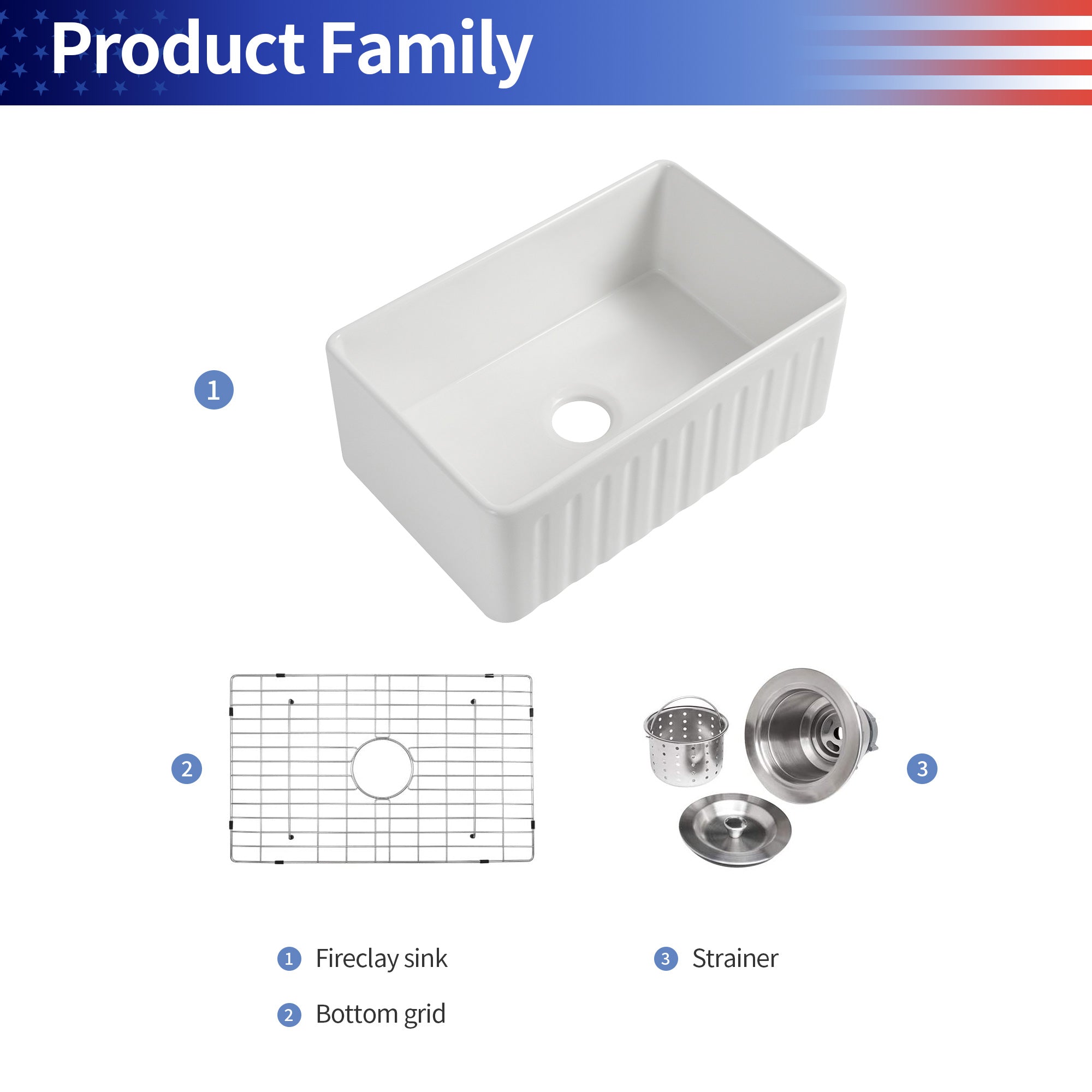 Fireclay Farmhouse Kitchen Sink with Grid and Strainer RX-FS04