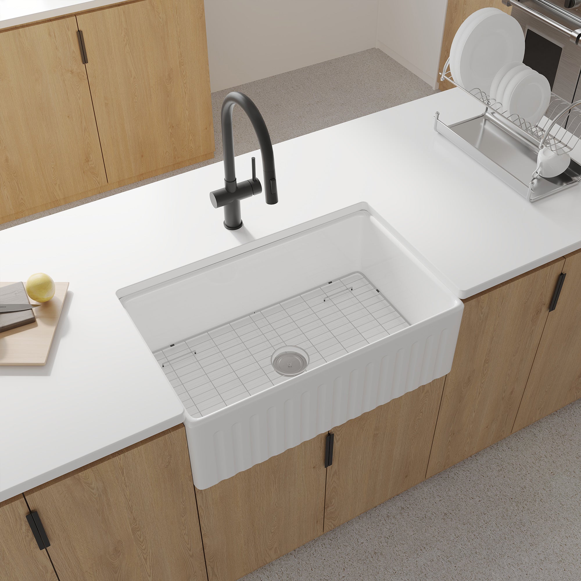 Fireclay Farmhouse Kitchen Sink with Grid and Strainer RX-FS04