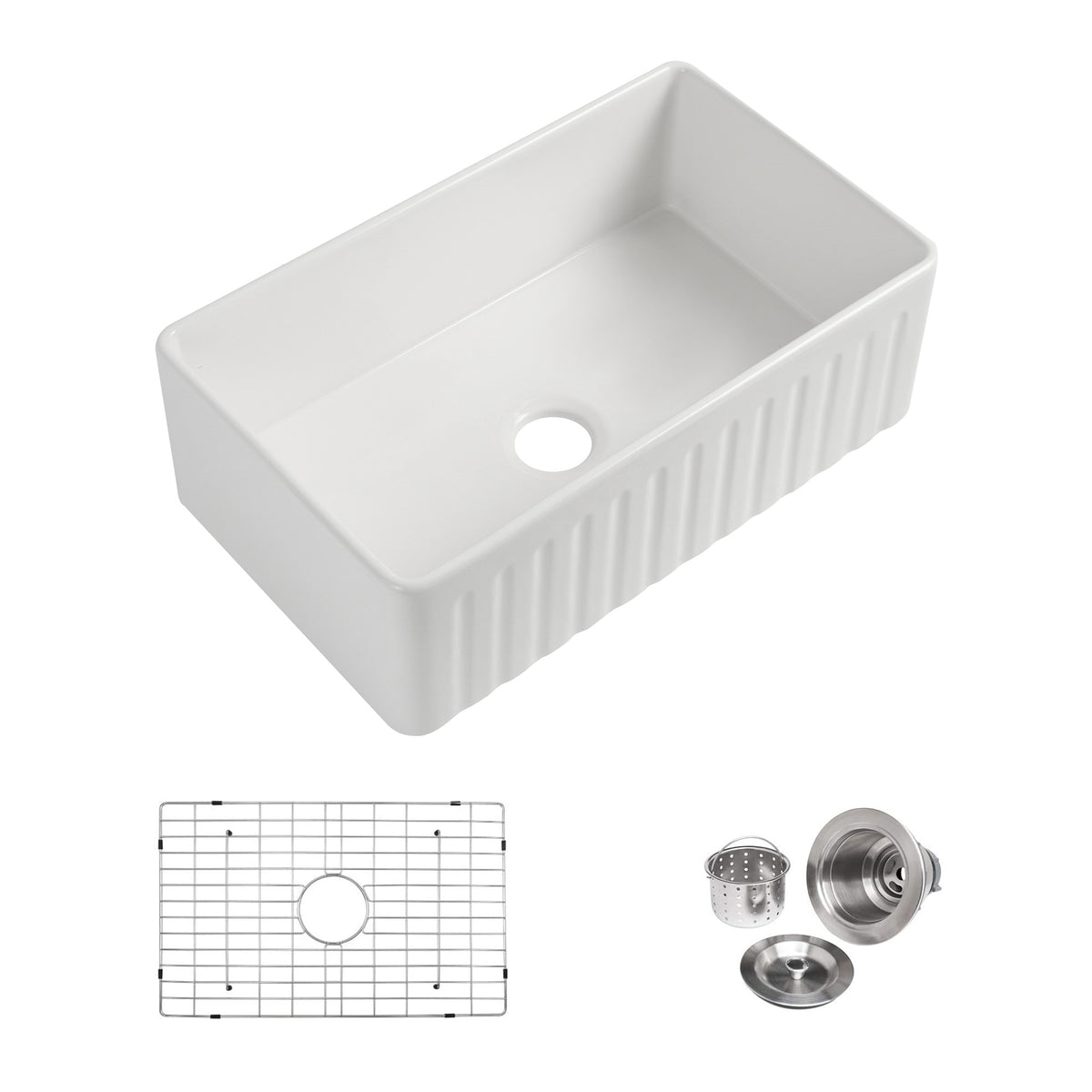 RAINLEX Fireclay Farmhouse Apron-Front Single Bowl Kitchen Sink with Grid (FS04)