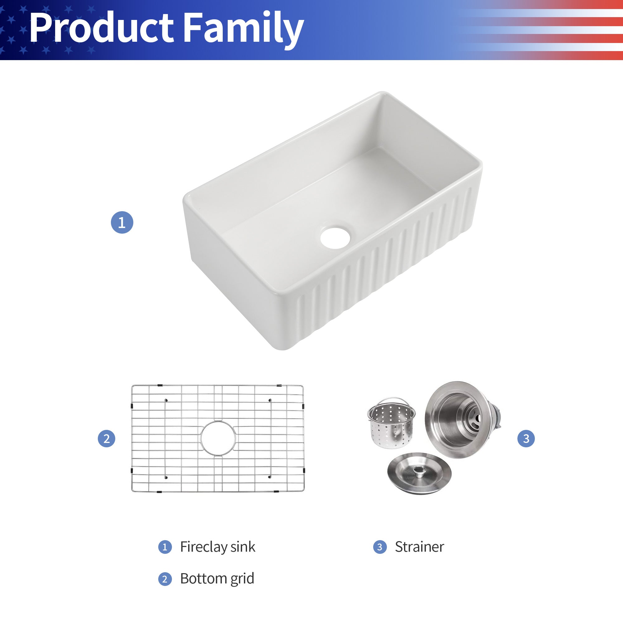 Fireclay Farmhouse Kitchen Sink with Grid and Strainer RX-FS04